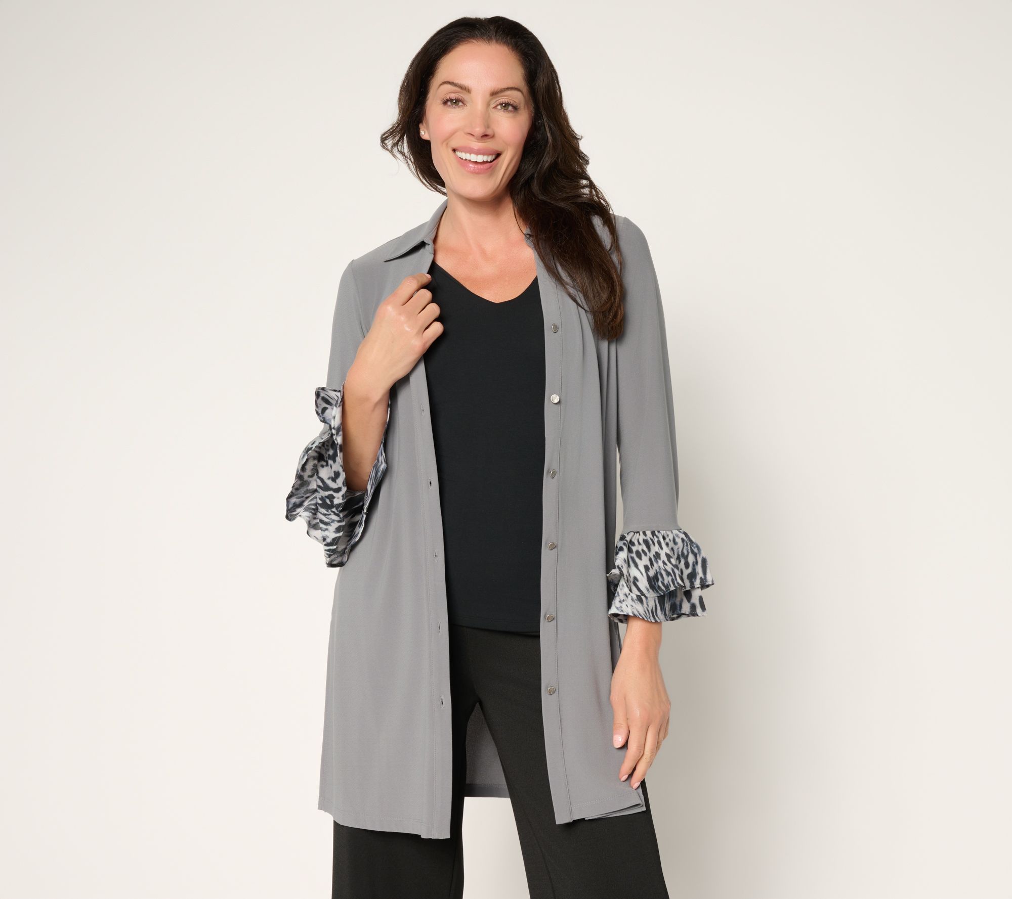 "As Is" Susan Graver Textured Liquid Knit Reg Long Cardigan w/ Printed Cuff