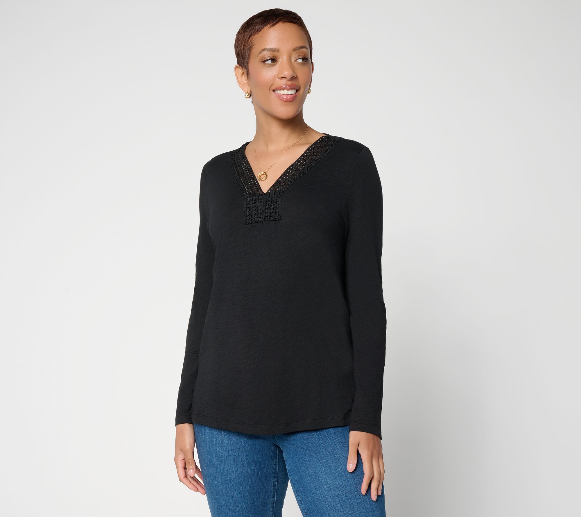 Belle by Kim Gravel Slub Knit Dot Trim Long Sleeve Top