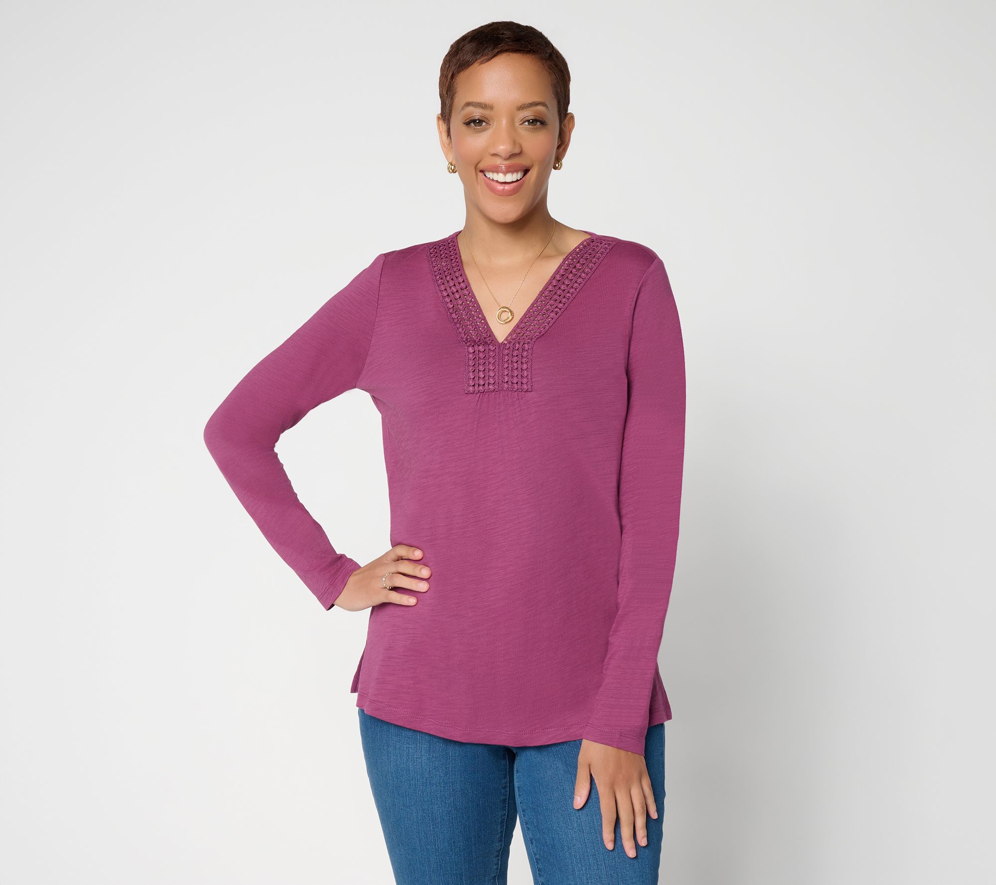 Belle by Kim Gravel Slub Knit Dot Trim Long Sleeve Top