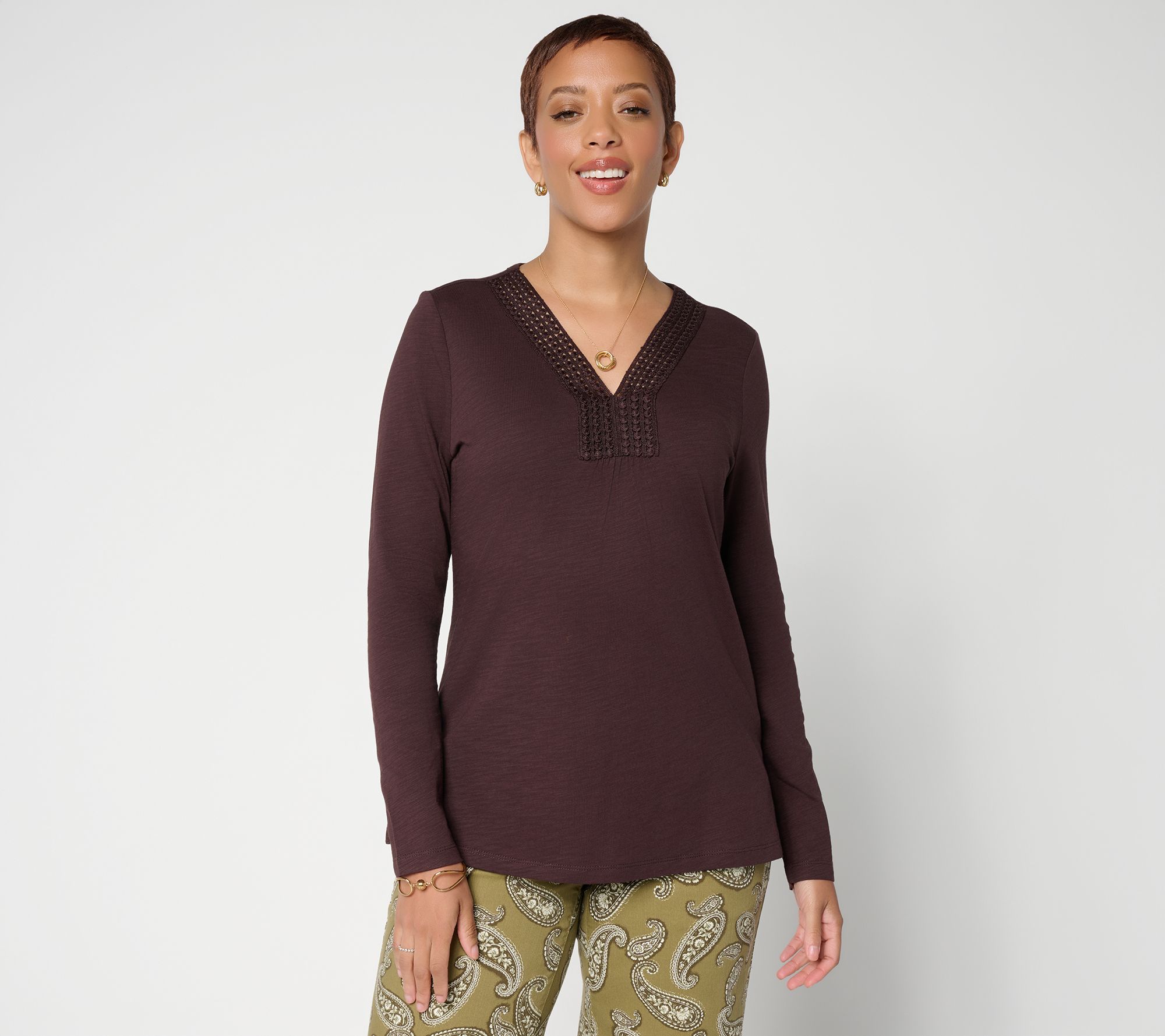 Belle by Kim Gravel Slub Knit Dot Trim Long Sleeve Top