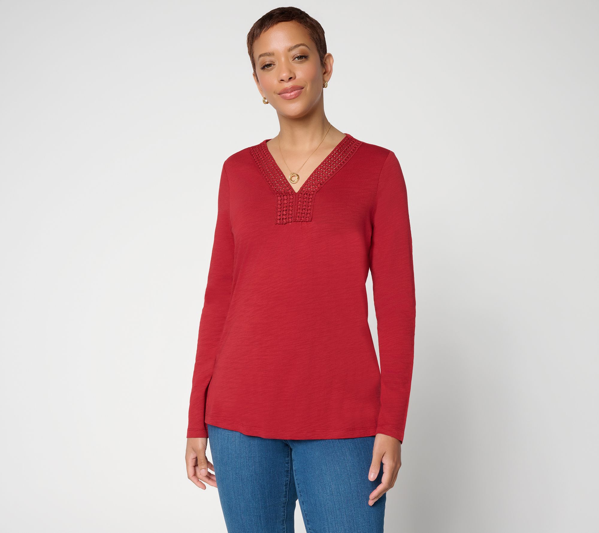 Belle by Kim Gravel Slub Knit Dot Trim Long Sleeve Top