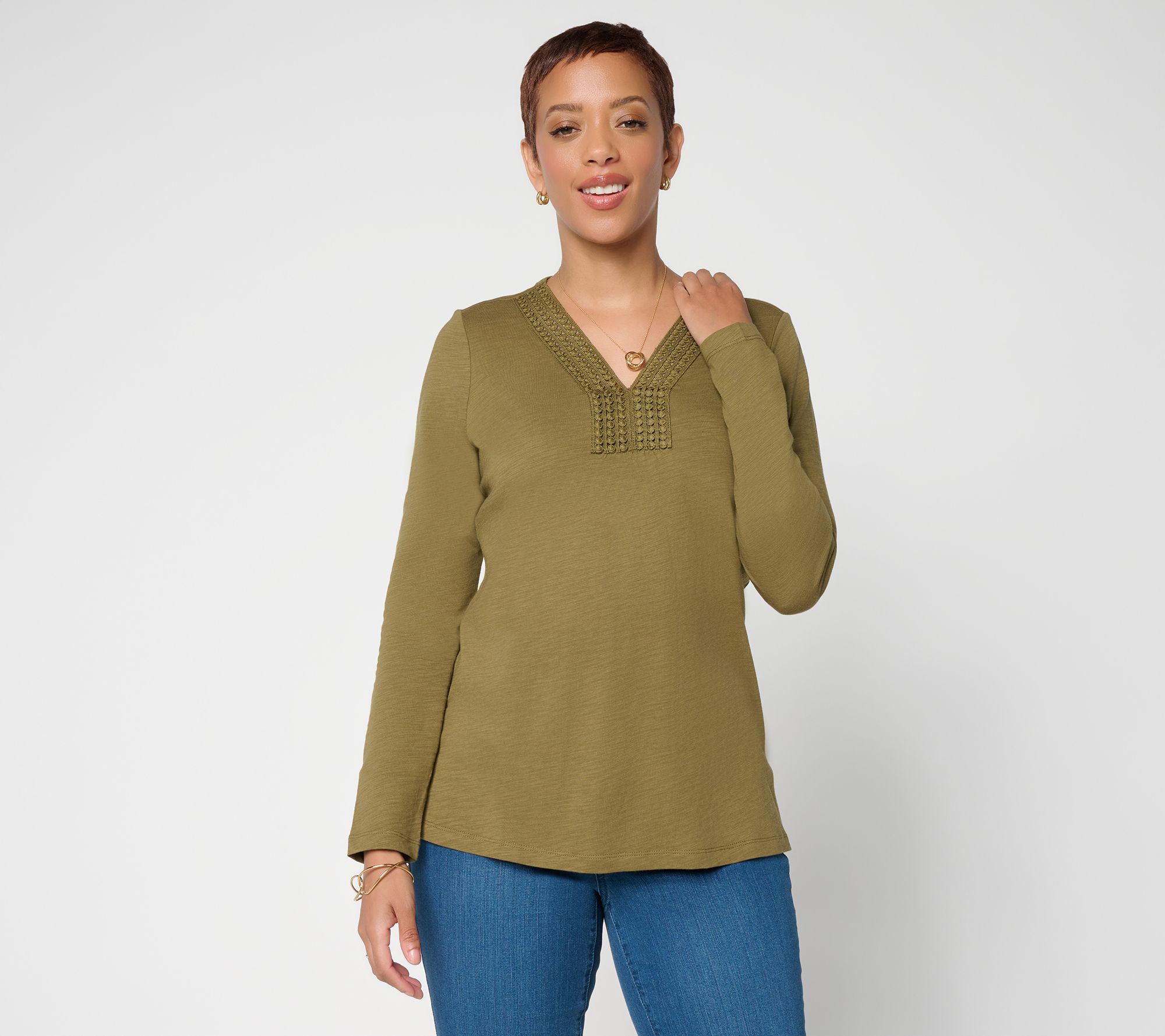 Belle by Kim Gravel Slub Knit Dot Trim Long Sleeve Top