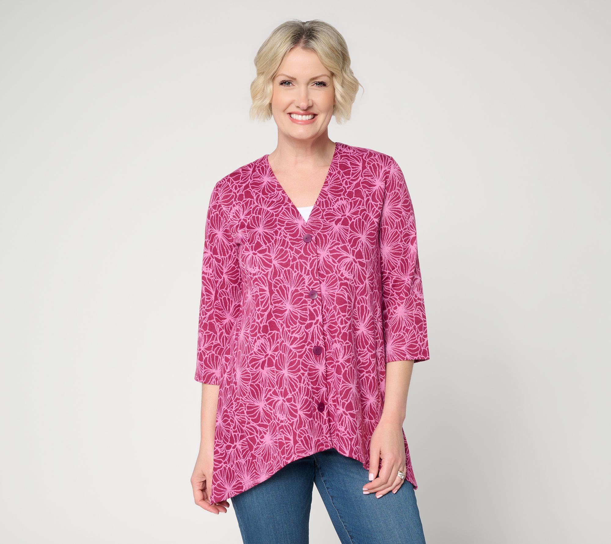 Denim & Co. Jacquard Knit 3/4-Sleeve Button Front Cardigan