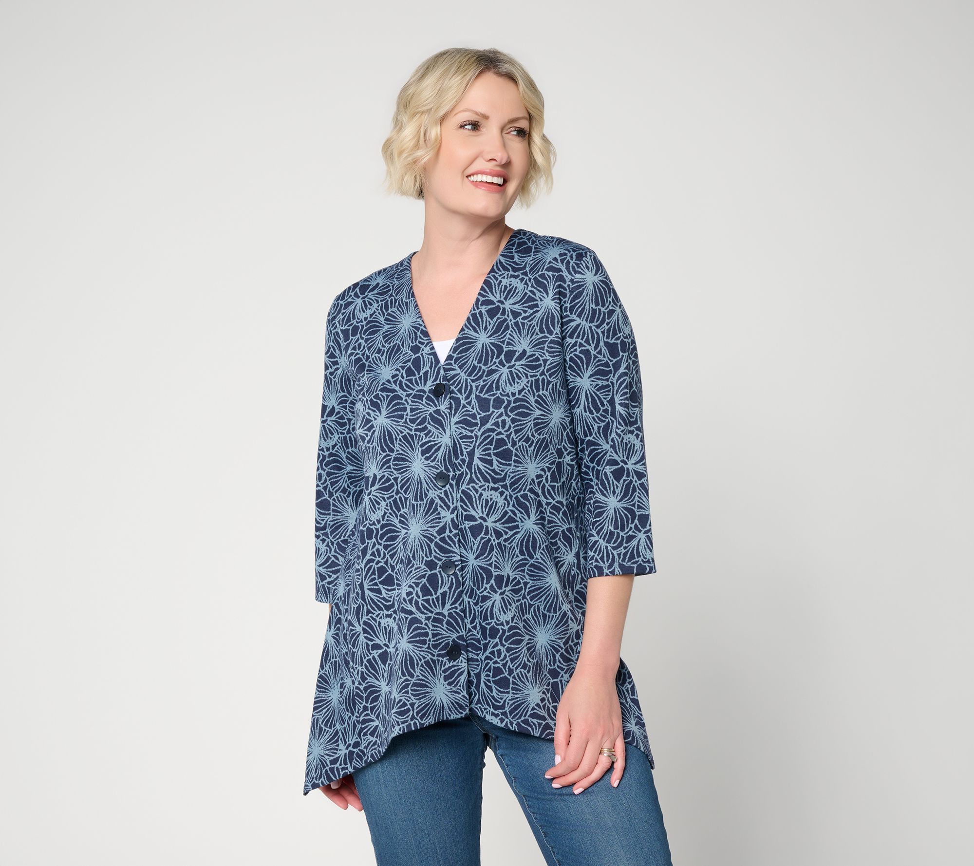 Denim & Co. Jacquard Knit 3/4-Sleeve Button Front Cardigan