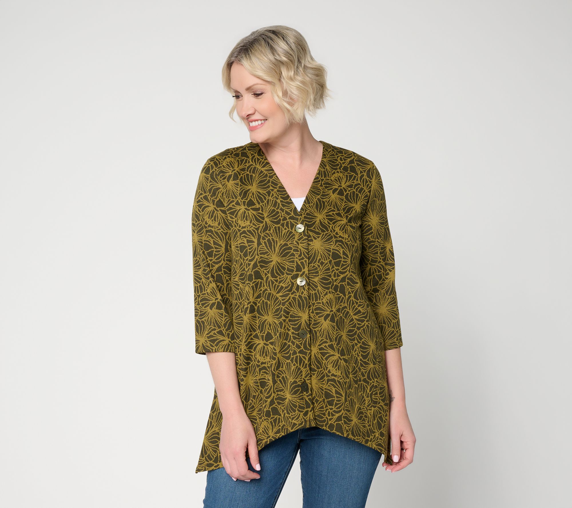 Denim & Co. Jacquard Knit 3/4-Sleeve Button Front Cardigan