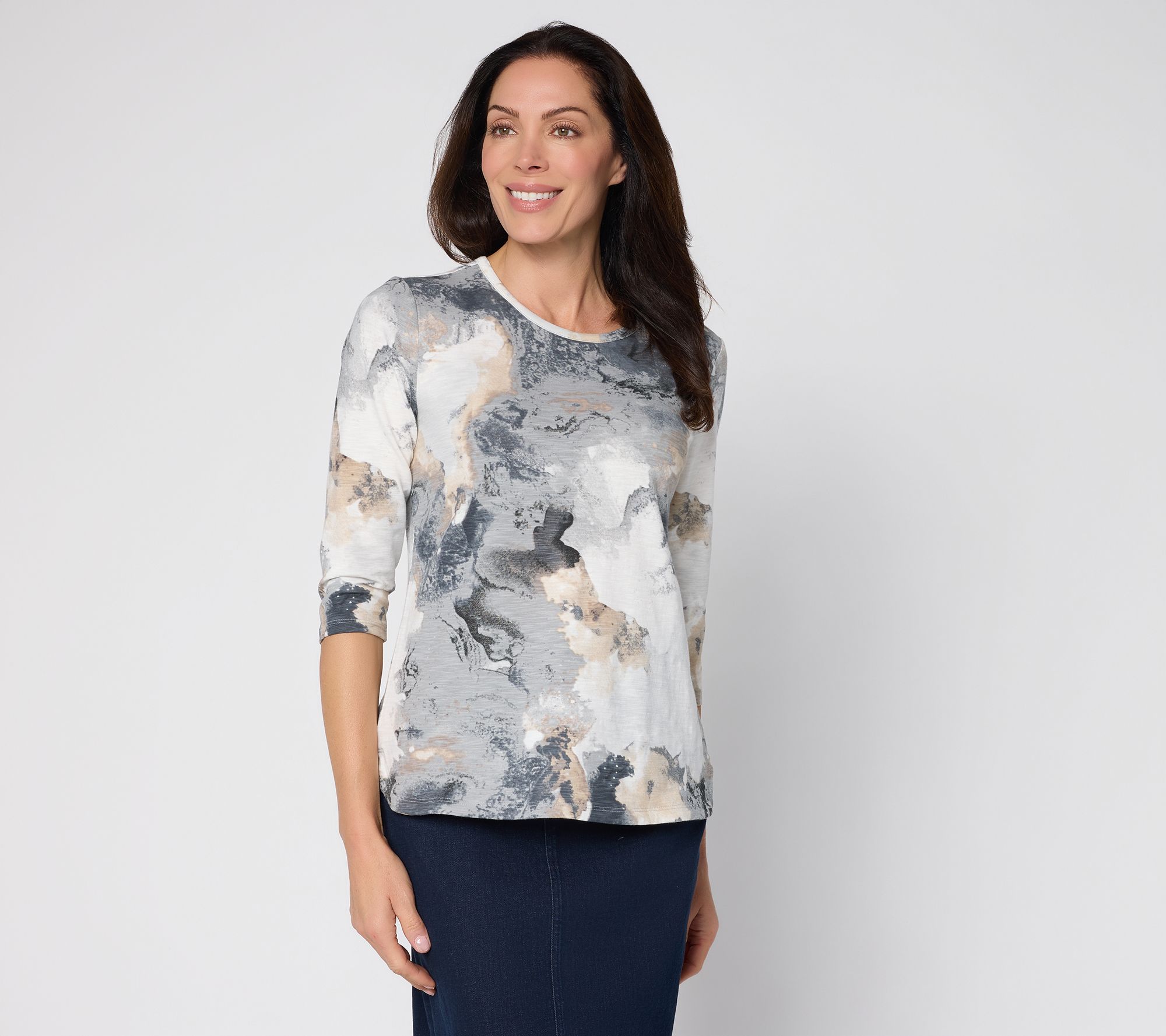 "As Is" Denim & Co. Printed Texture Knit 3/4 Sleeve Rounded Hem Top