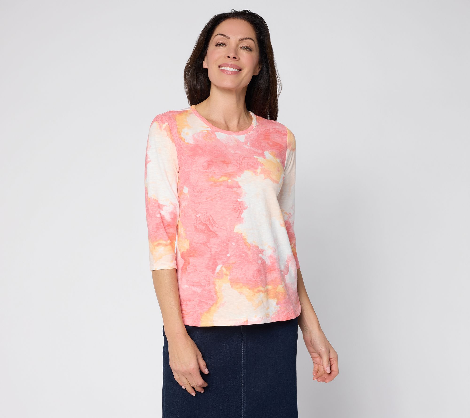 "As Is" Denim & Co. Printed Texture Knit 3/4 Sleeve Rounded Hem Top