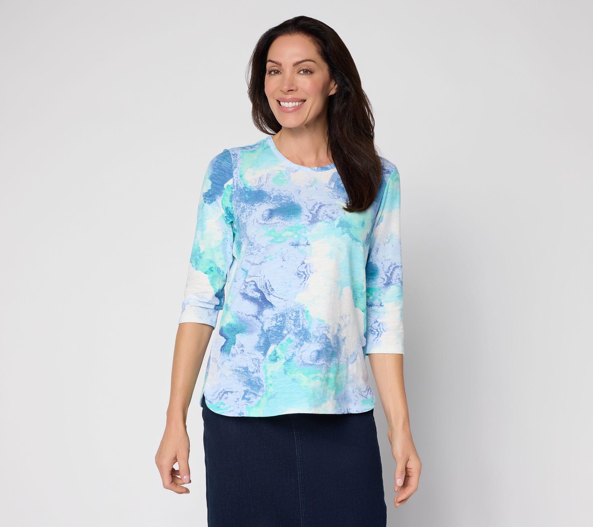 "As Is" Denim & Co. Printed Texture Knit 3/4 Sleeve Rounded Hem Top