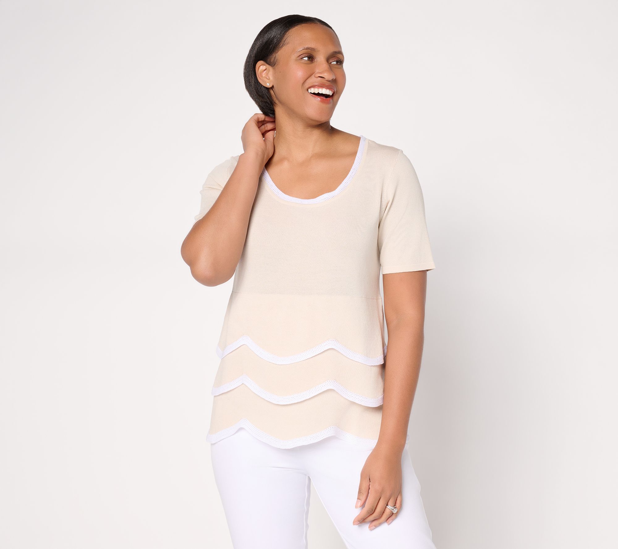 "As Is" Susan Graver Tiered Scoop Neck Elbow Sleeve Sweater