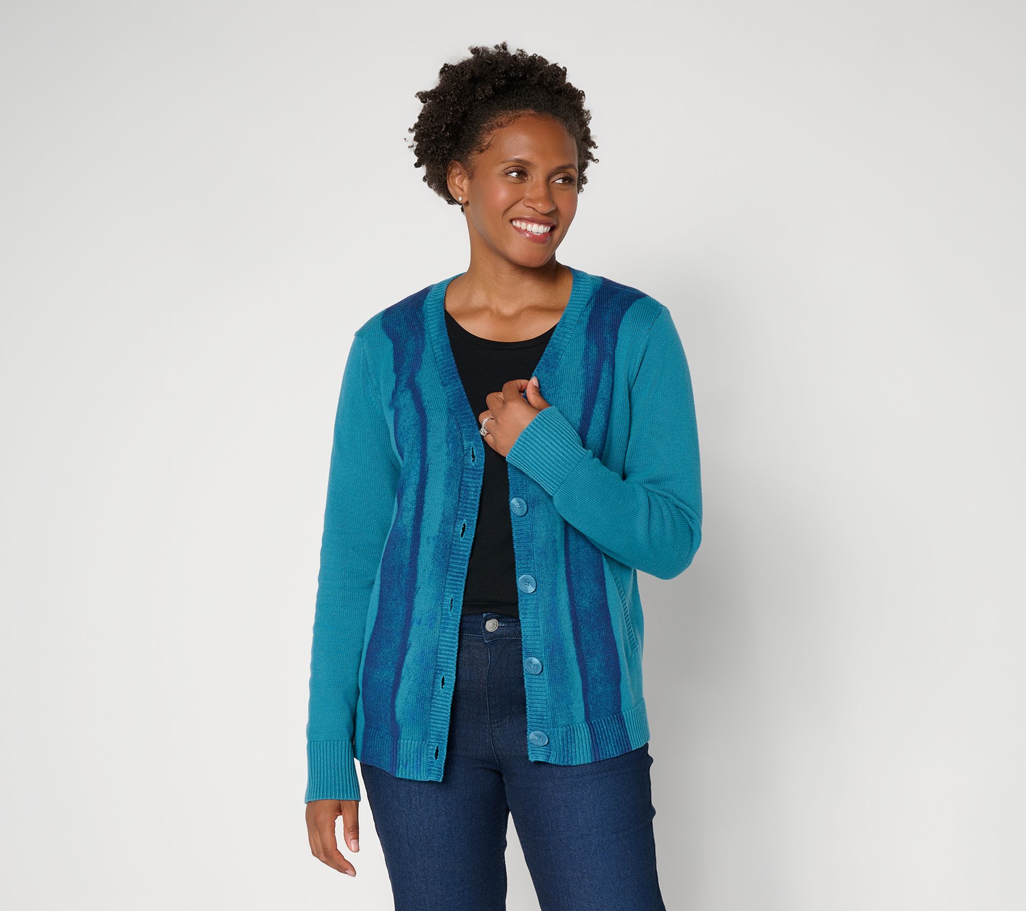 LOGO by Lori Goldstein Dye Effect Button Front VNeck Cardigan | QVC