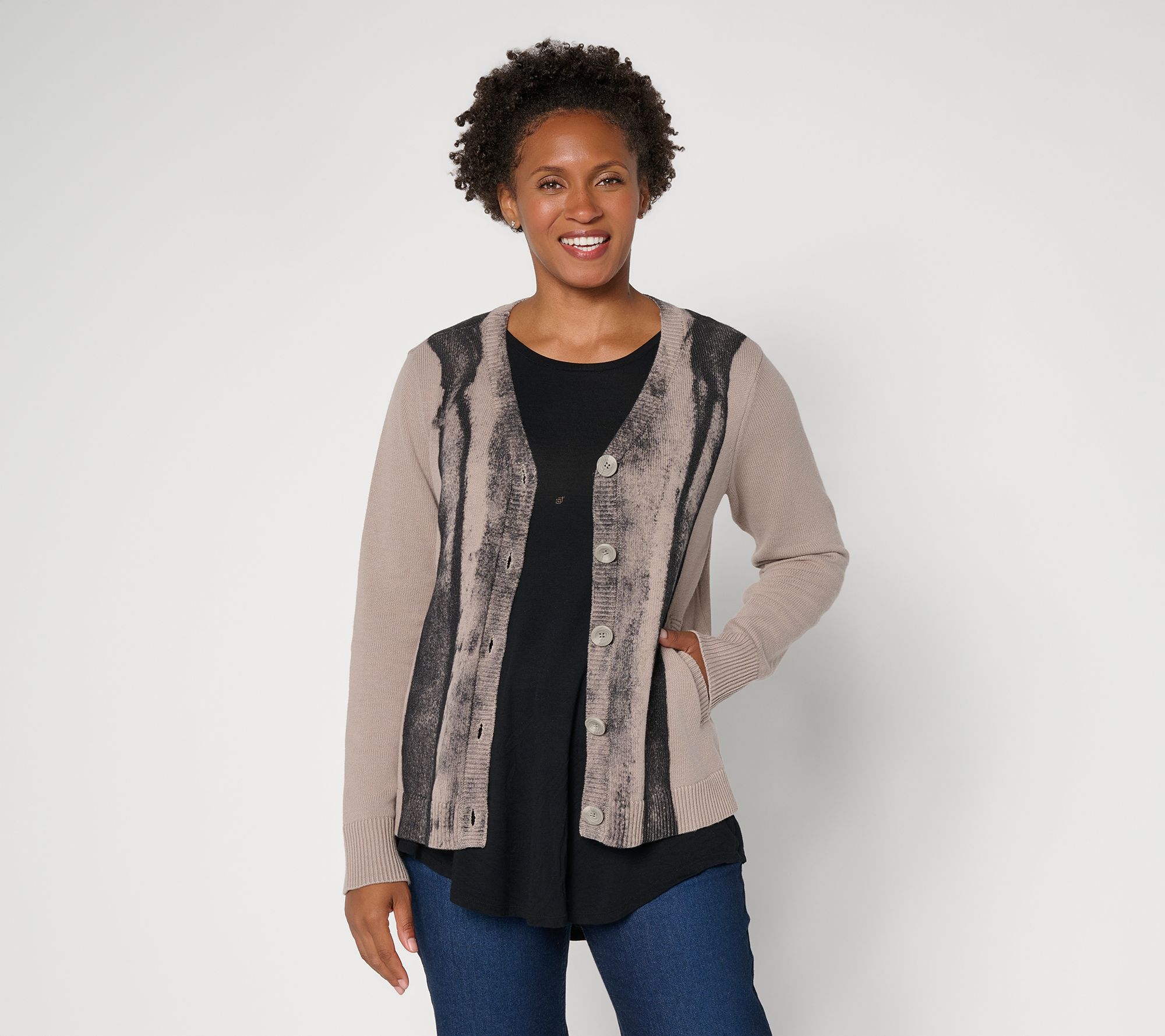 LOGO by Lori Goldstein Dye Effect Button Front VNeck Cardigan