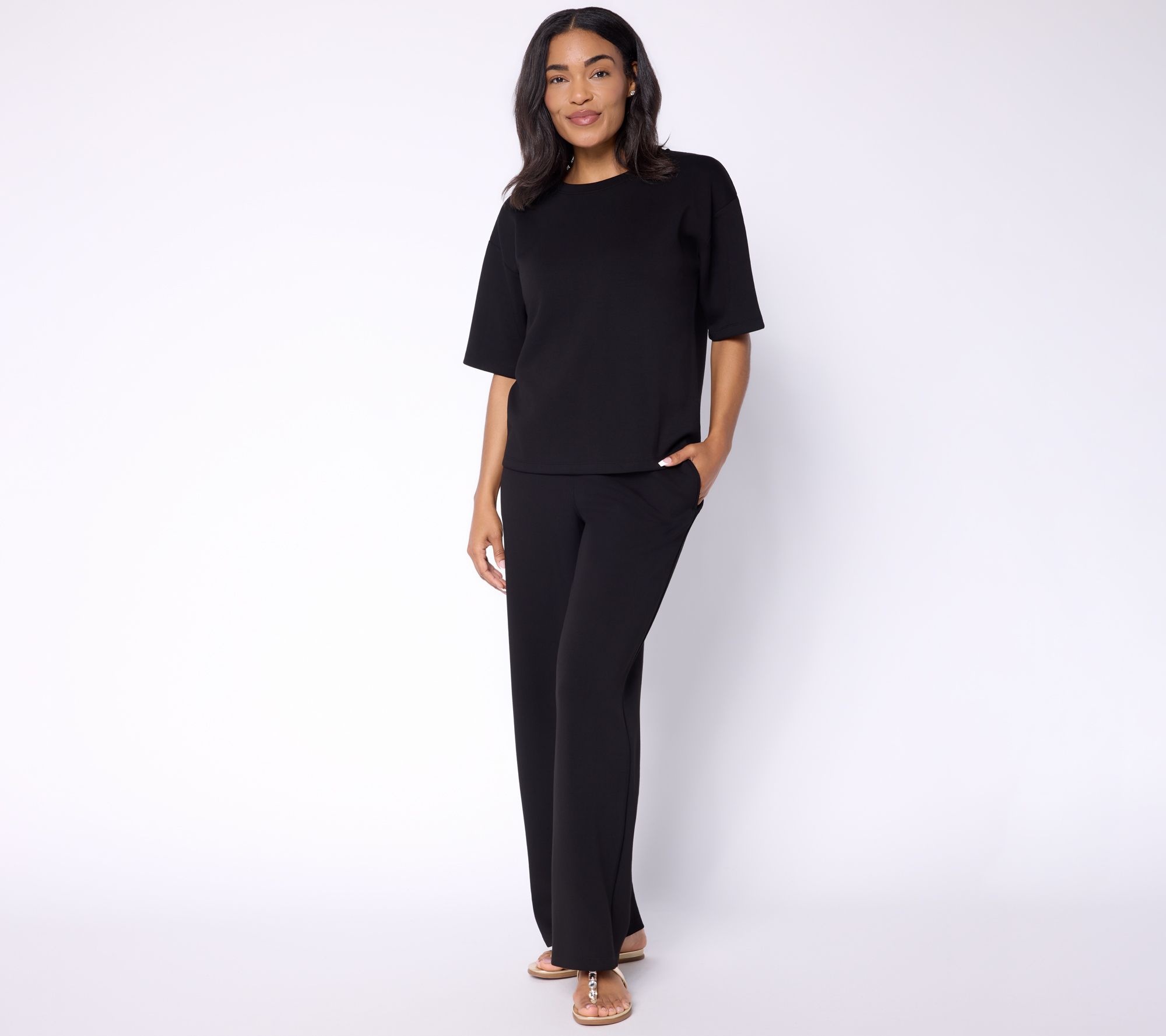 "As Is" Susan Graver Petite Serene Knit Top and Wide Leg Pant Set