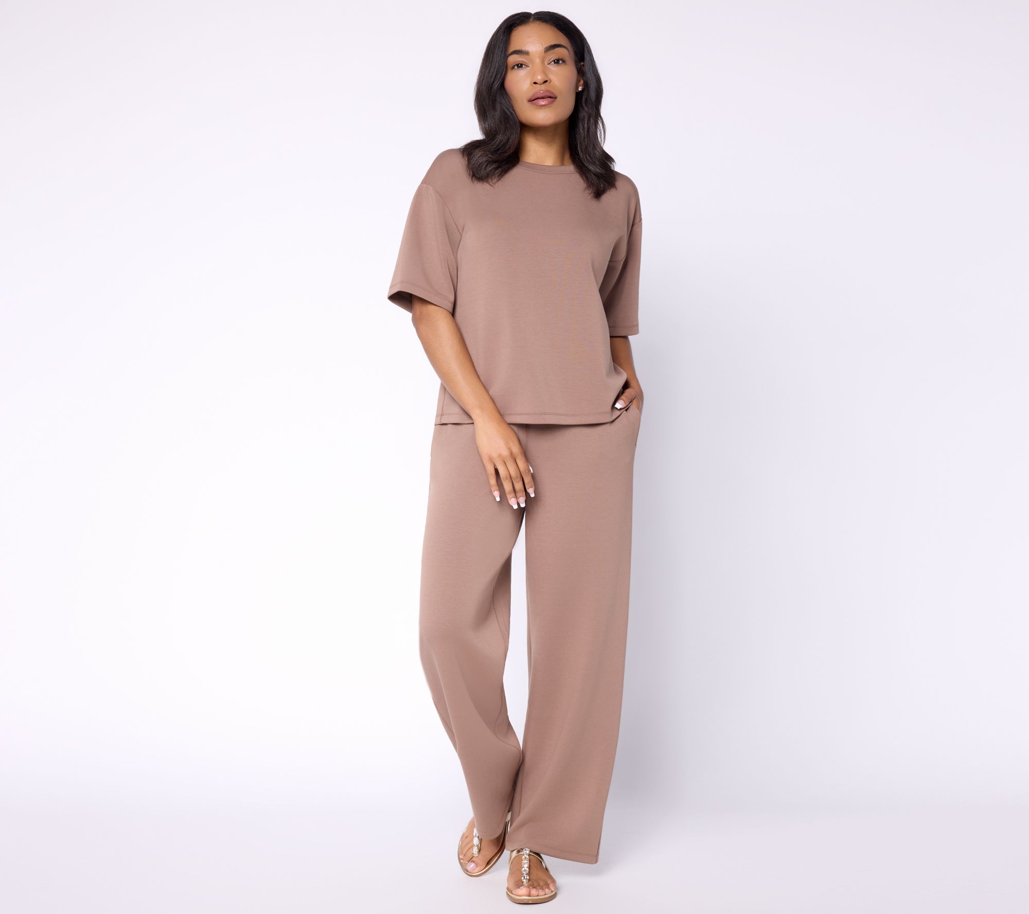"As Is" Susan Graver Petite Serene Knit Top and Wide Leg Pant Set