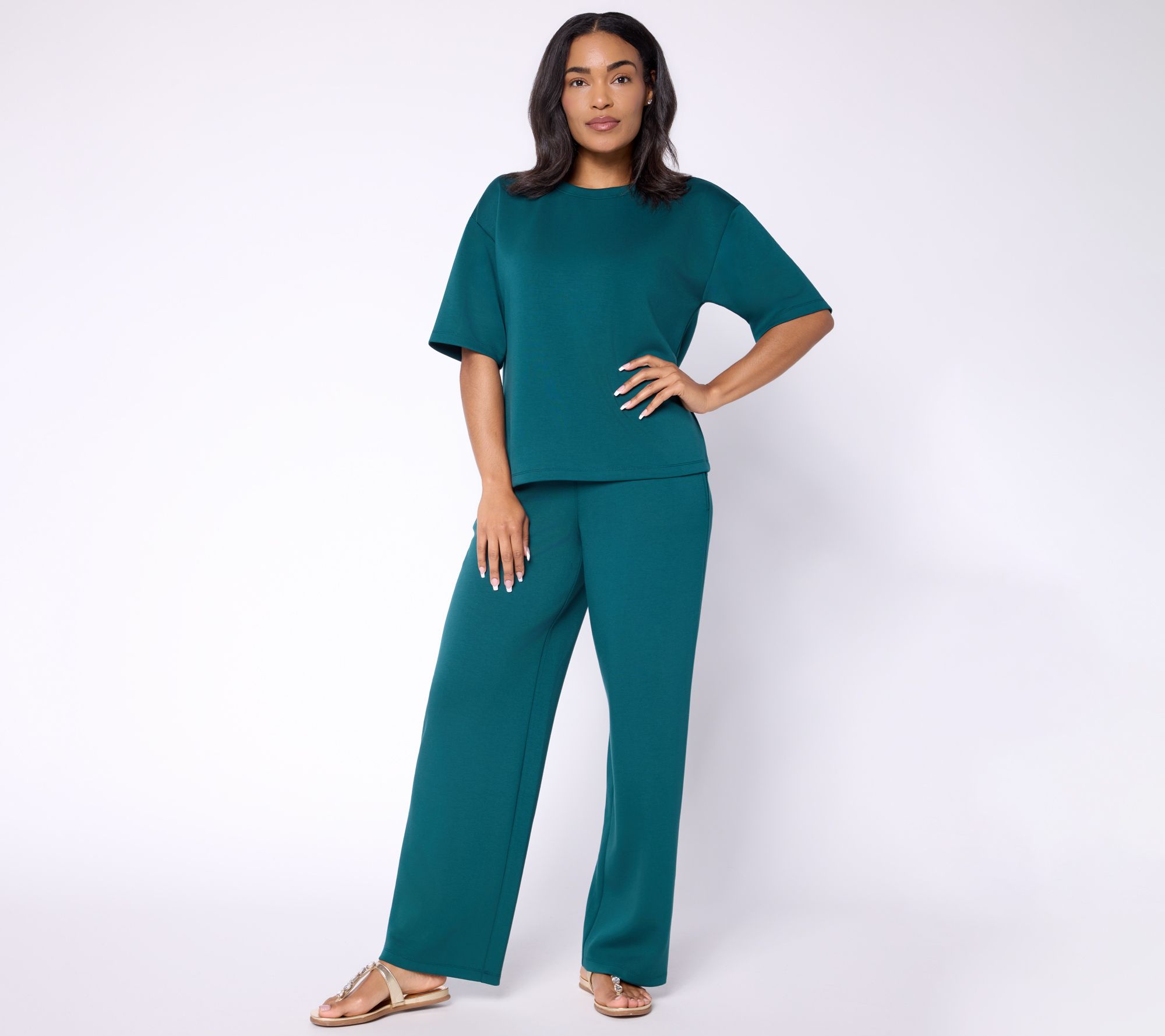 "As Is" Susan Graver Petite Serene Knit Top and Wide Leg Pant Set