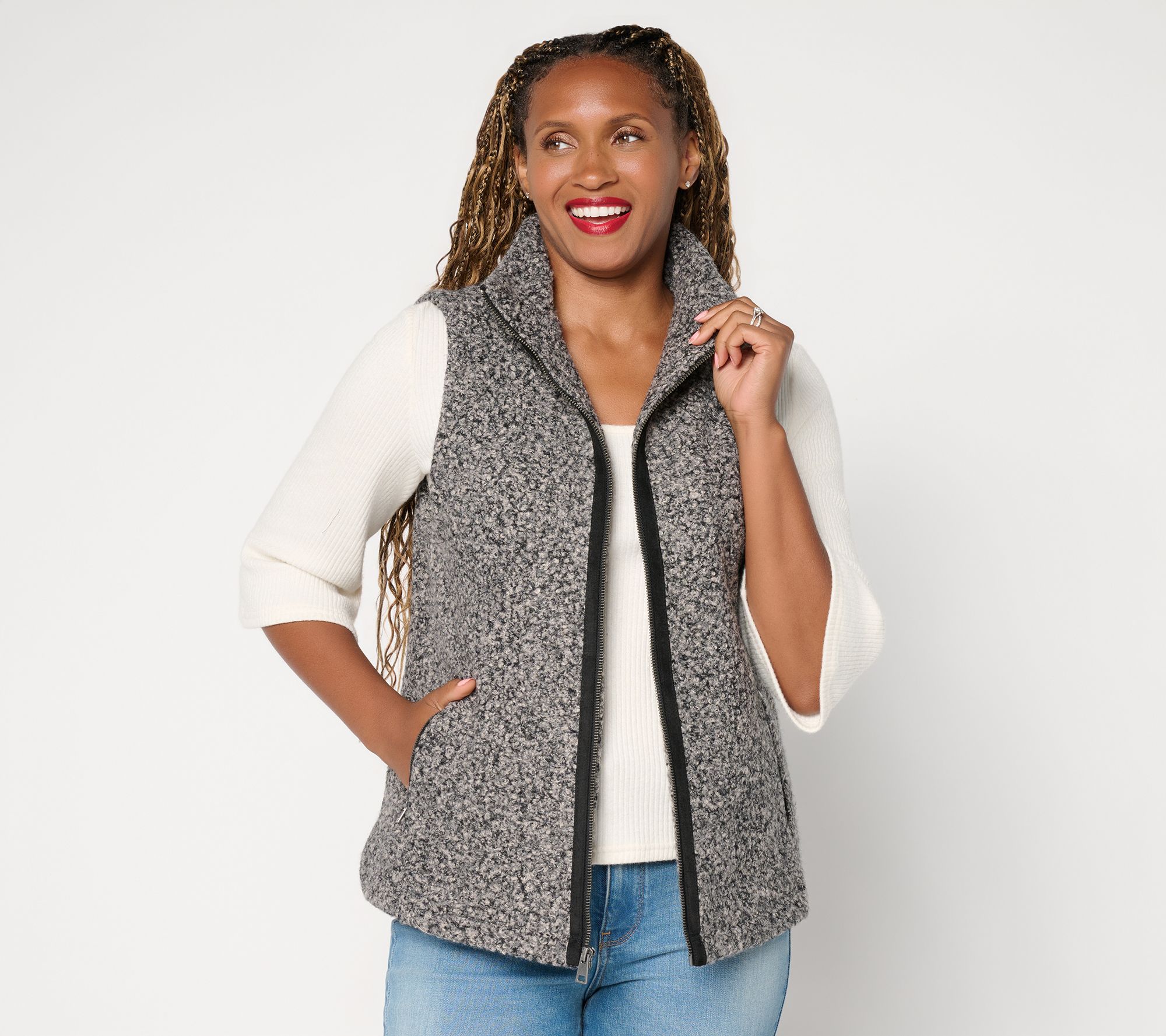 Susan Graver Weekend Textured Boucle Zip Front Suede trim Vest