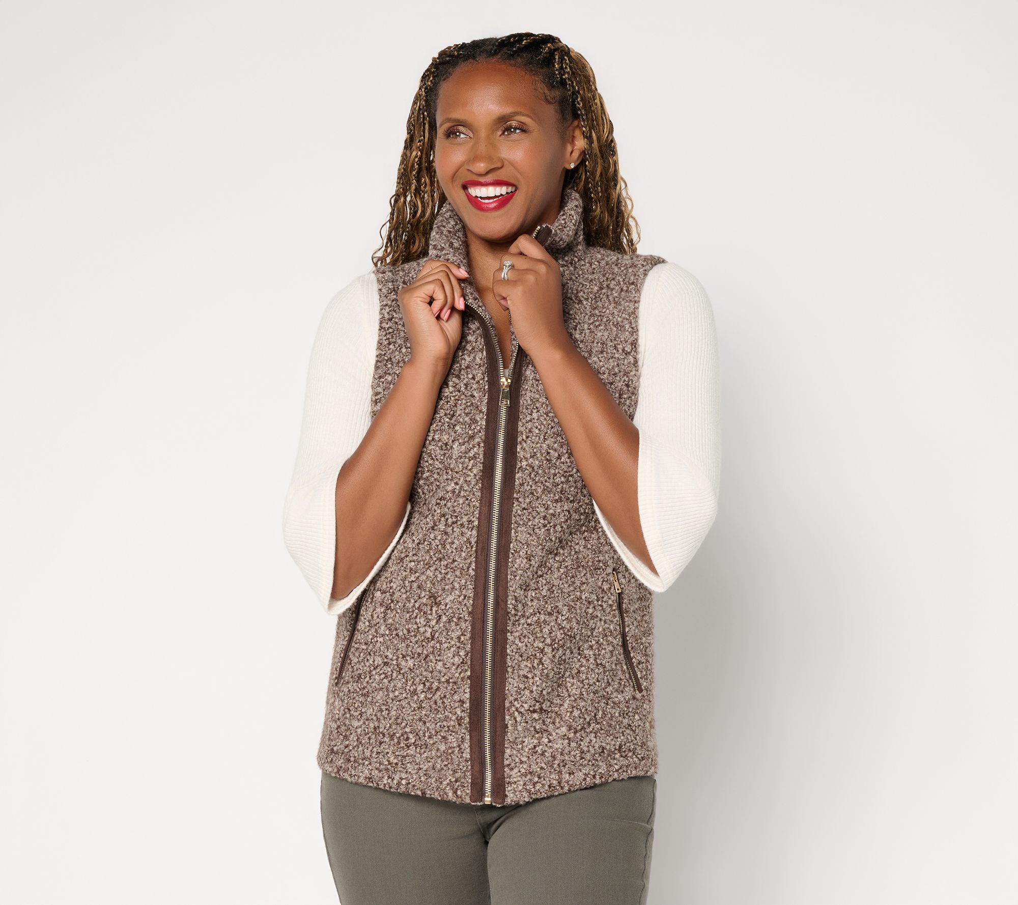 Susan Graver Weekend Textured Boucle Zip Front Suede trim Vest