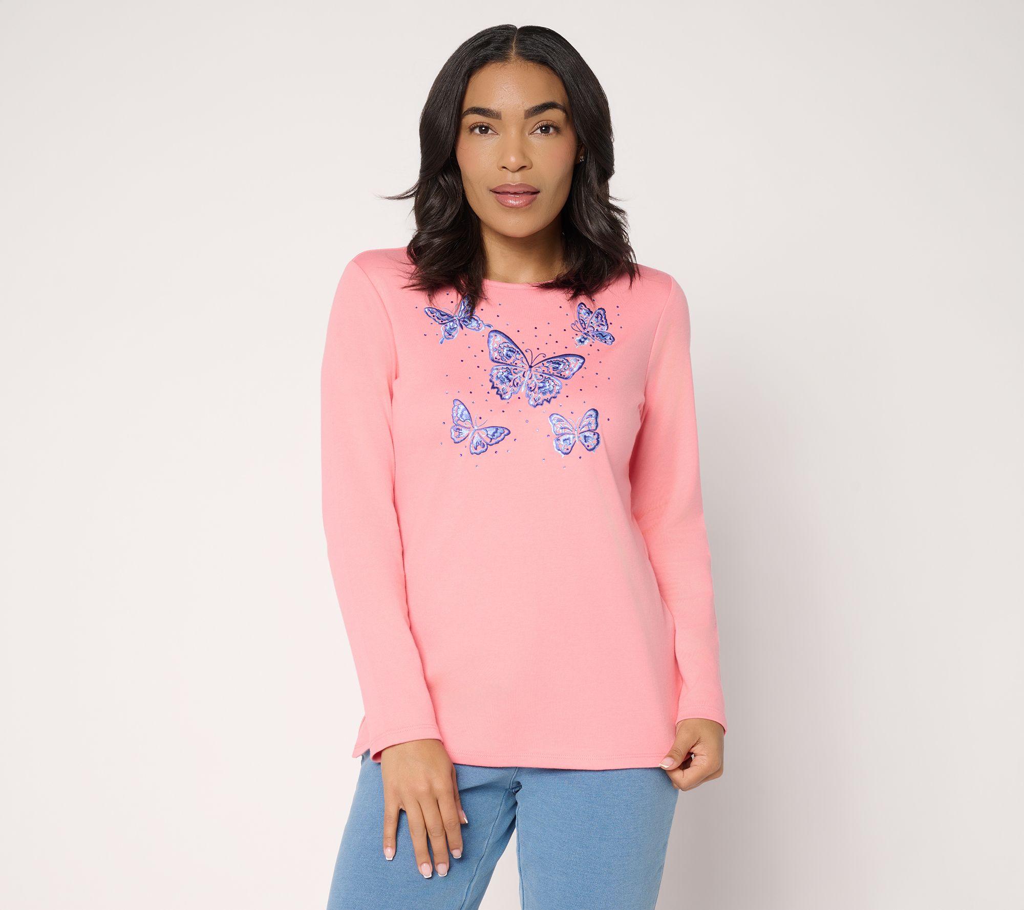 "As Is" Quacker Factory Chinoiserie Butterflies Long Sleeve Top