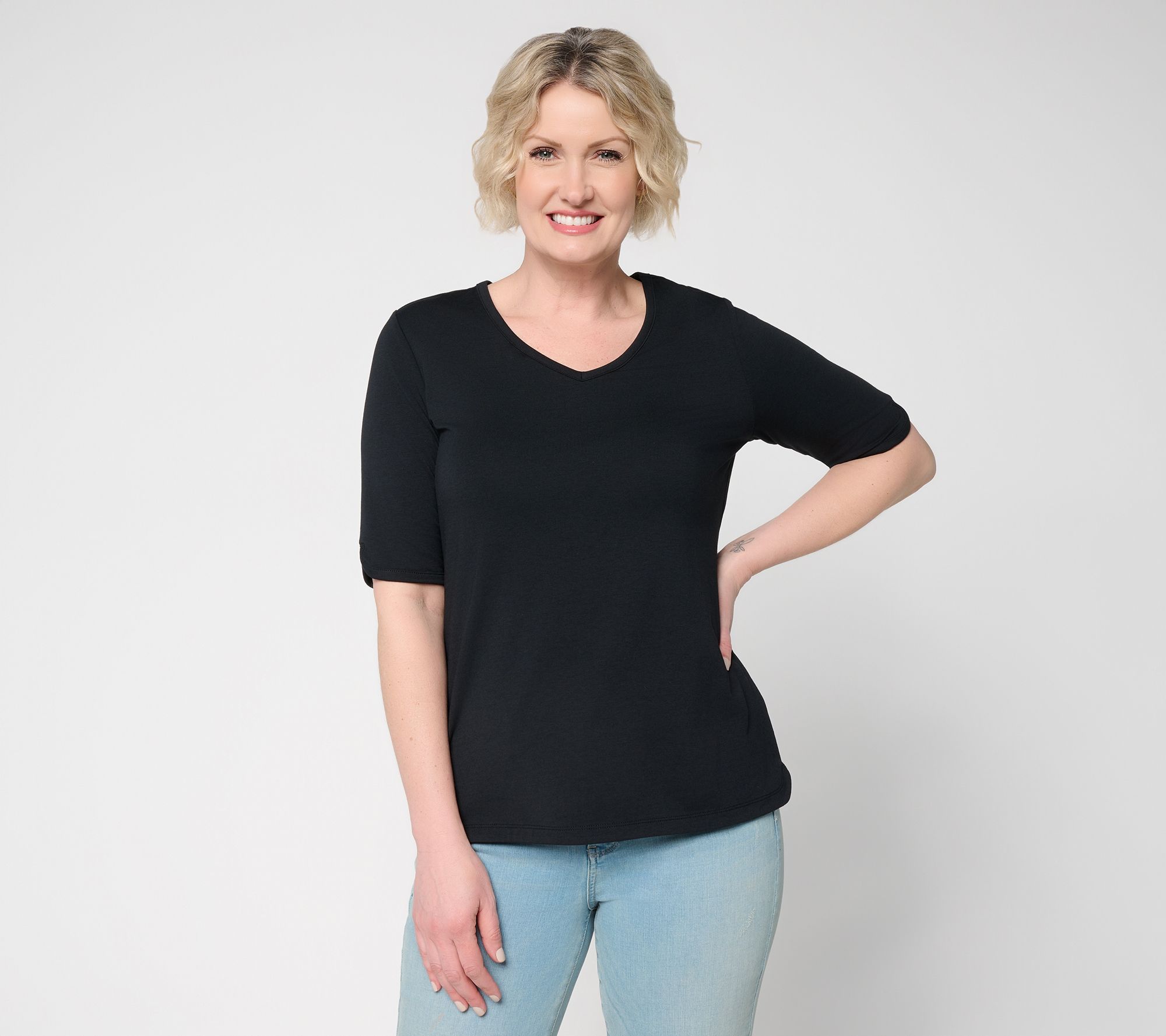 "As Is" Denim & Co. Essentials Favorite Jersey Elbow Sleeve V-Neck Top