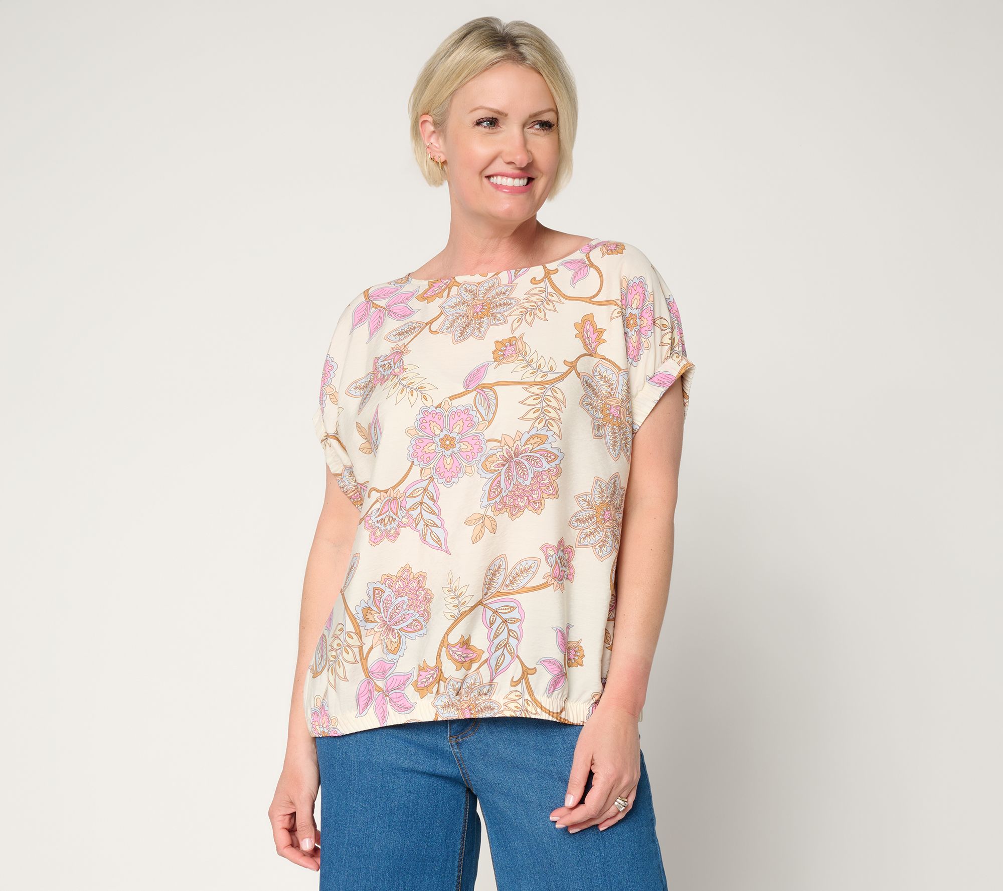 "As Is" Peace Love World Crew Neck Ruched Dolman Sleeve Top