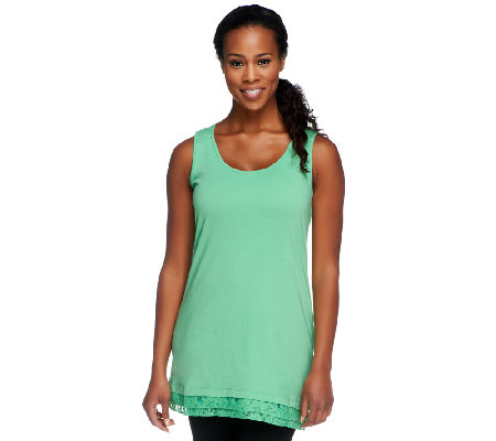 LOGO by Lori Goldstein Knit Tank Top with Lace Trim - Page 1 — QVC.com