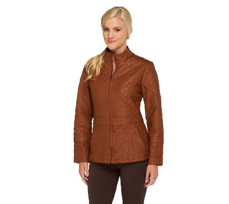 Susan Graver Faux Leather Floral Quilted Zip Front Jacket - Page 1 ...