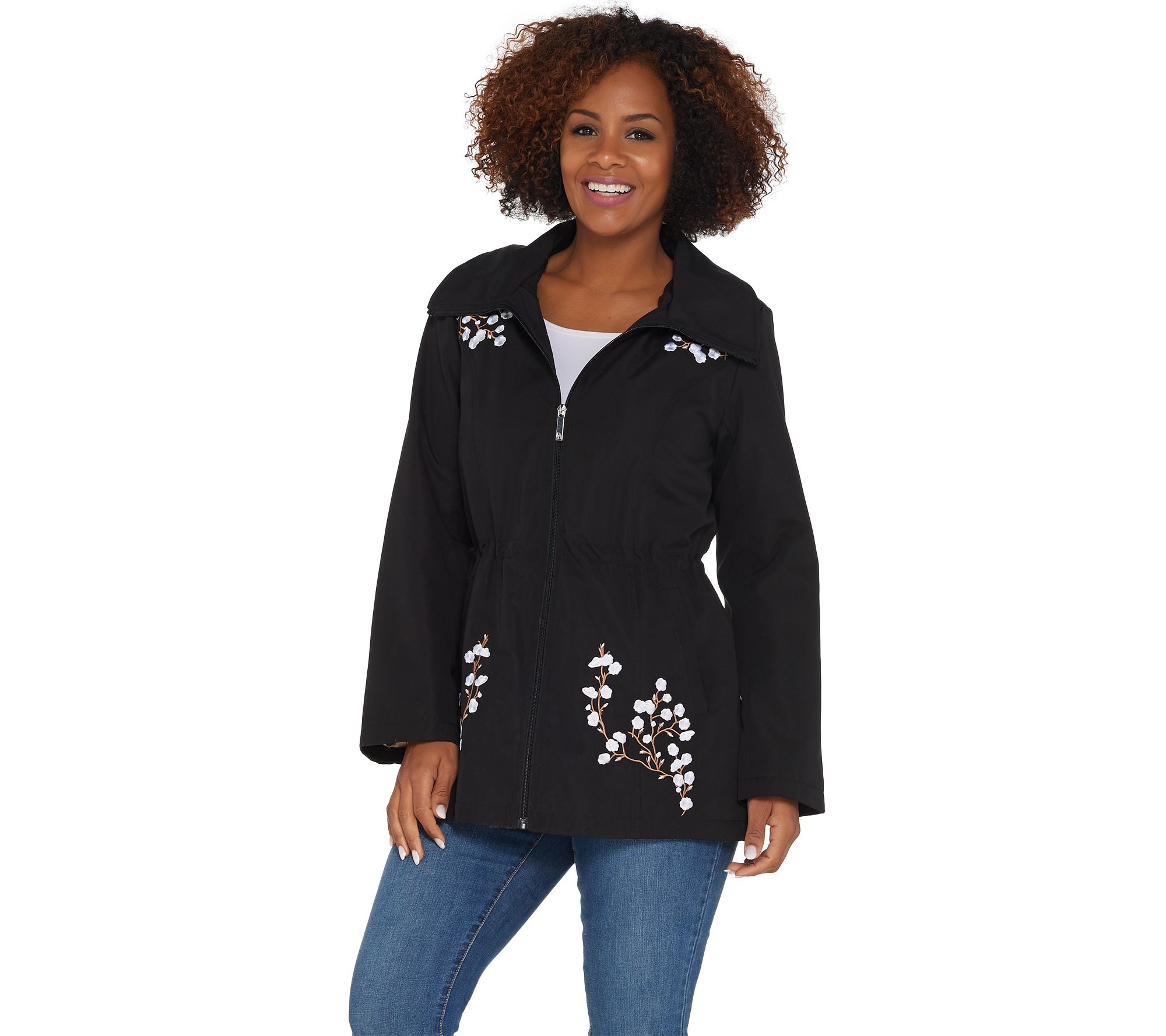 Dennis Basso Water Resistant Embroidered Zip Front Hooded Jacket - QVC.com