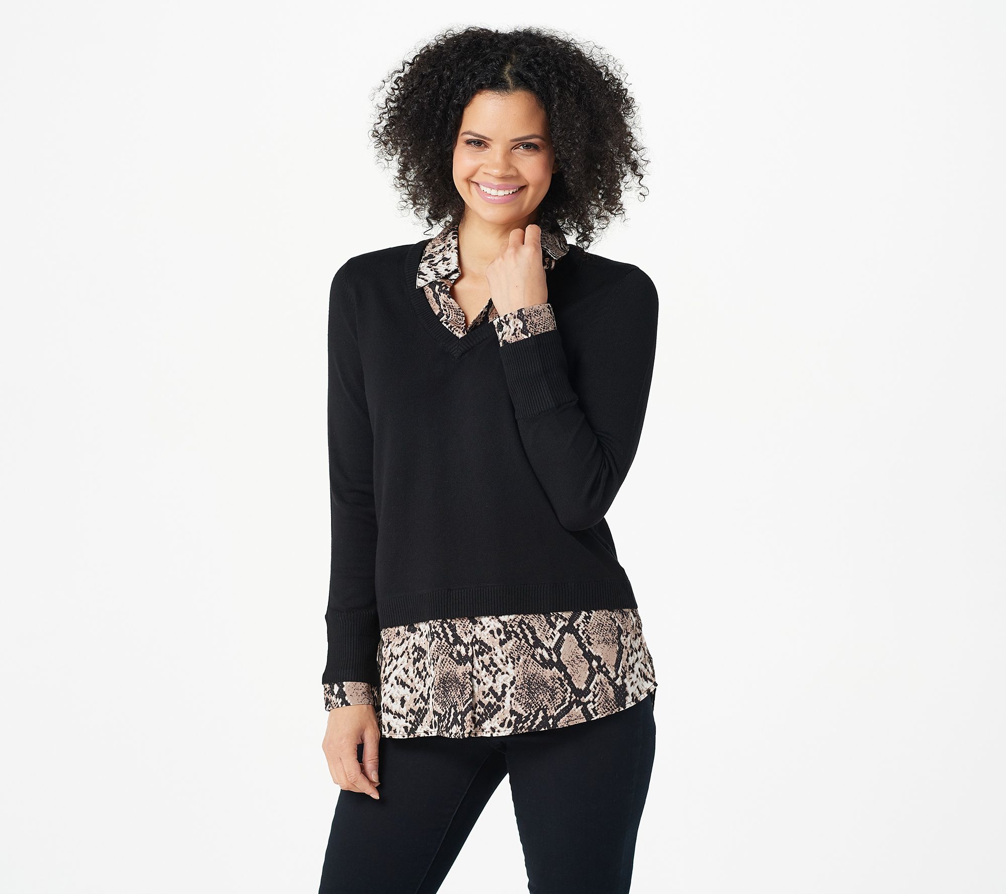"As Is" Belle by Kim Gravel Feather Knit Sweater & Woven Printed Combo