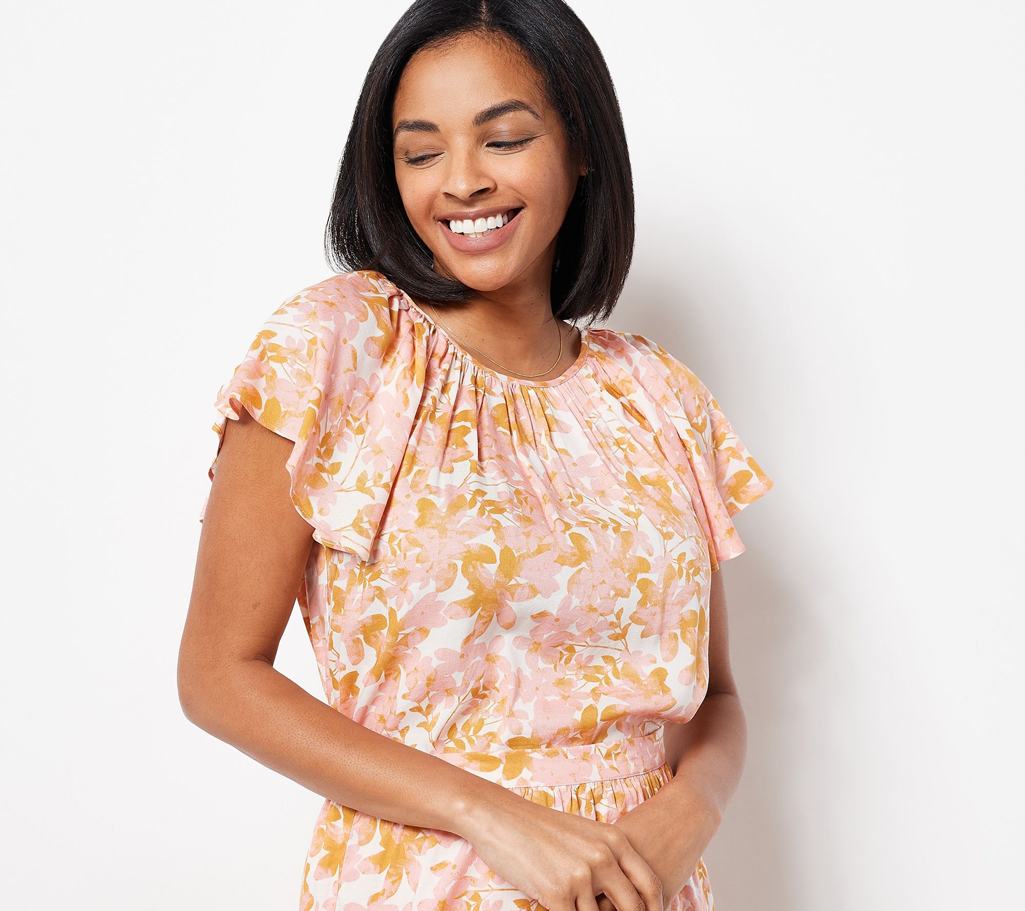 Candace Cameron Bure Printed Tulip Sleeve Bow Back Blouse