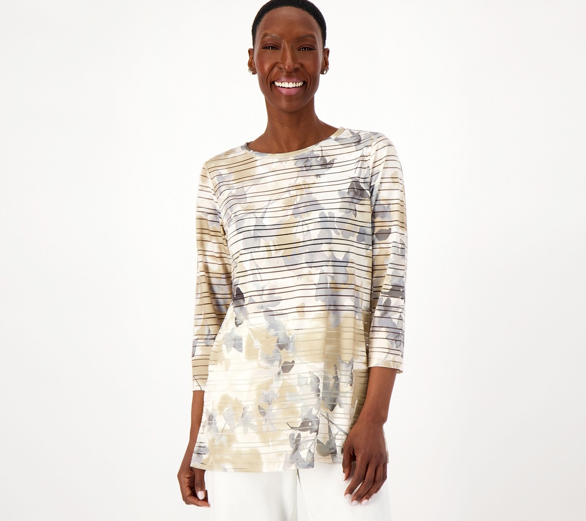 Susan Graver Passport Reg Printed Shadow Stripe Bateau- Neck Tunic