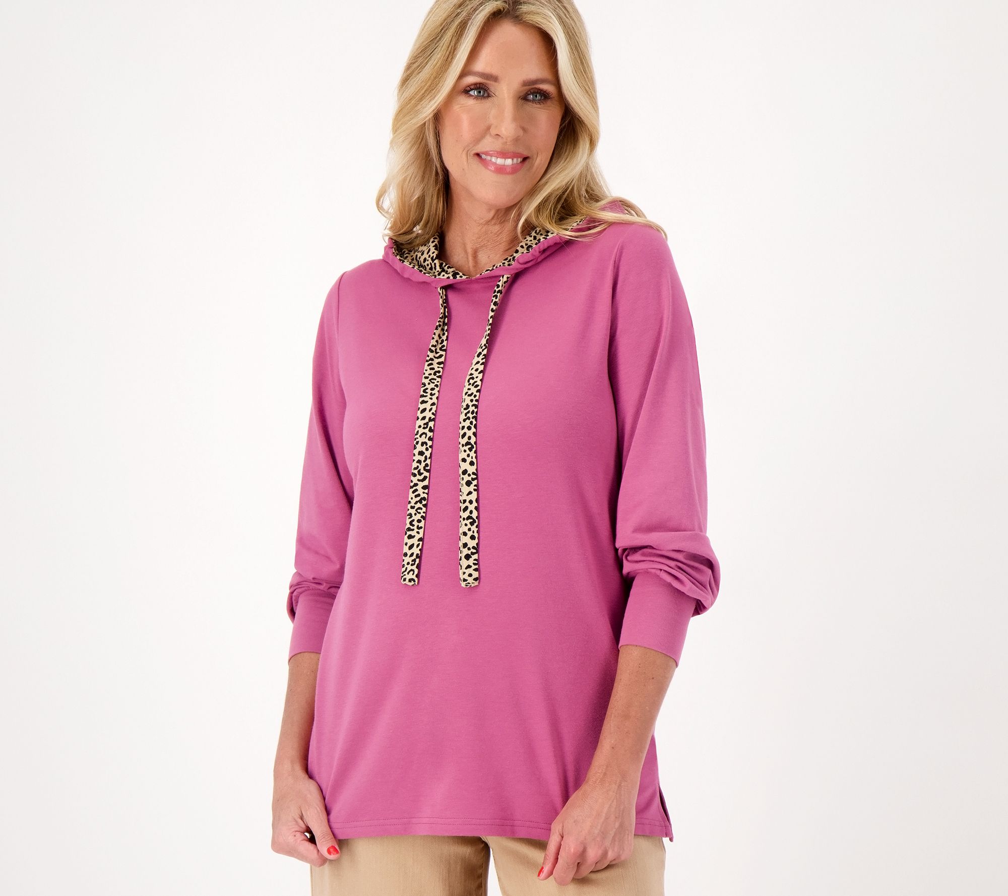 "As Is" Belle by Kim Gravel TripleLuxe Hooded Top with Leopard Trim