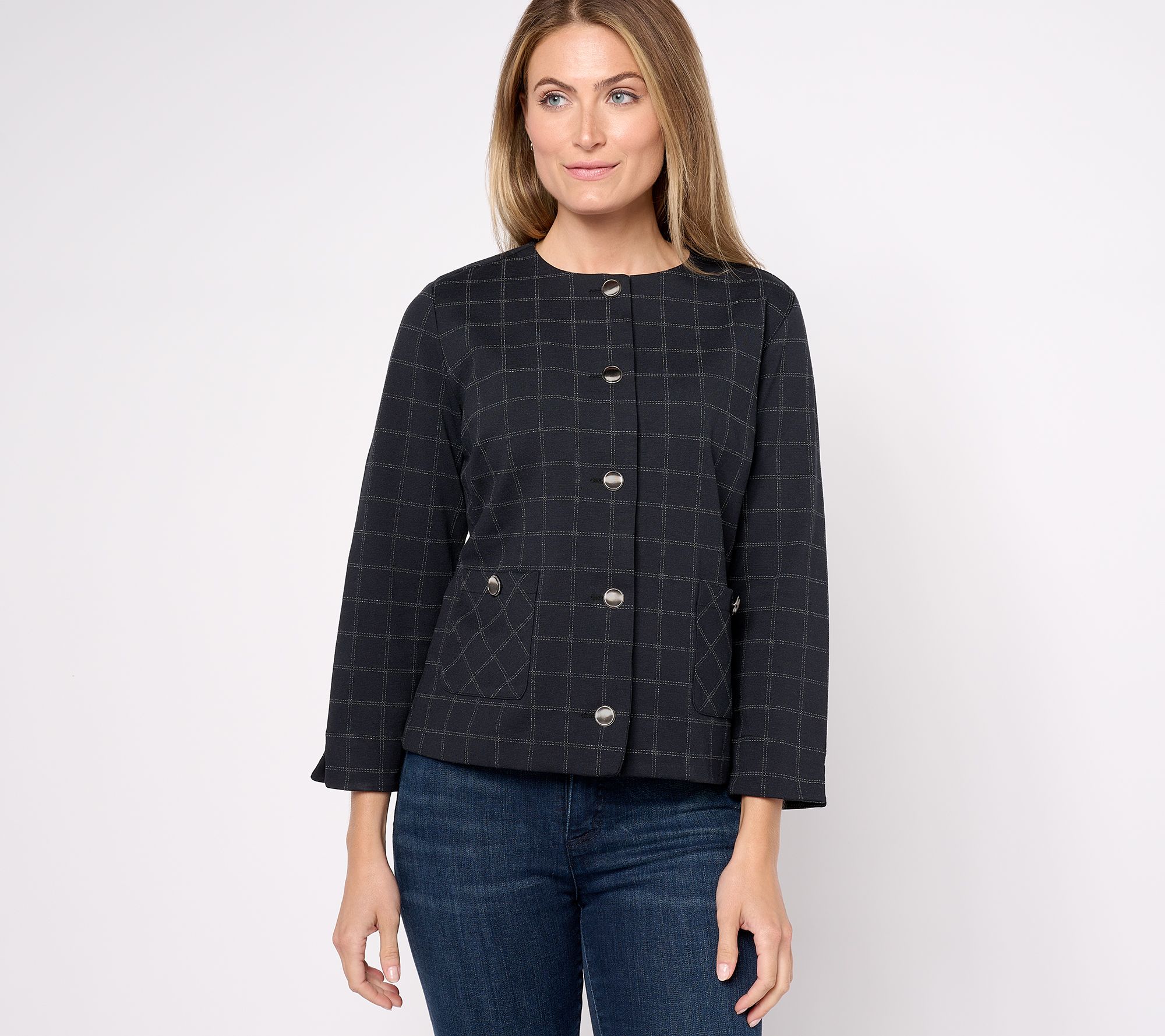"As Is" Isaac Mizrahi Live! Windowpane Yarn Dye Ponte Jacket
