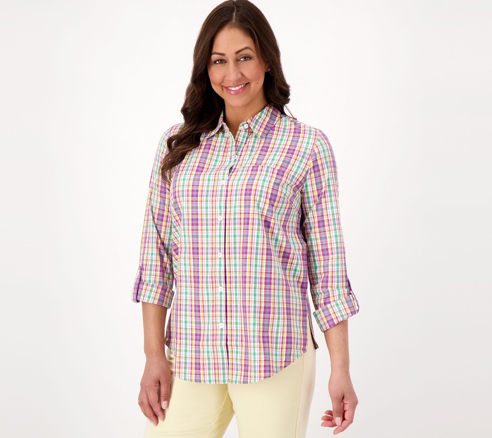 "As Is" Susan Graver Weekend Yarn-Dyed Plaid Button-Front Petite Shirt