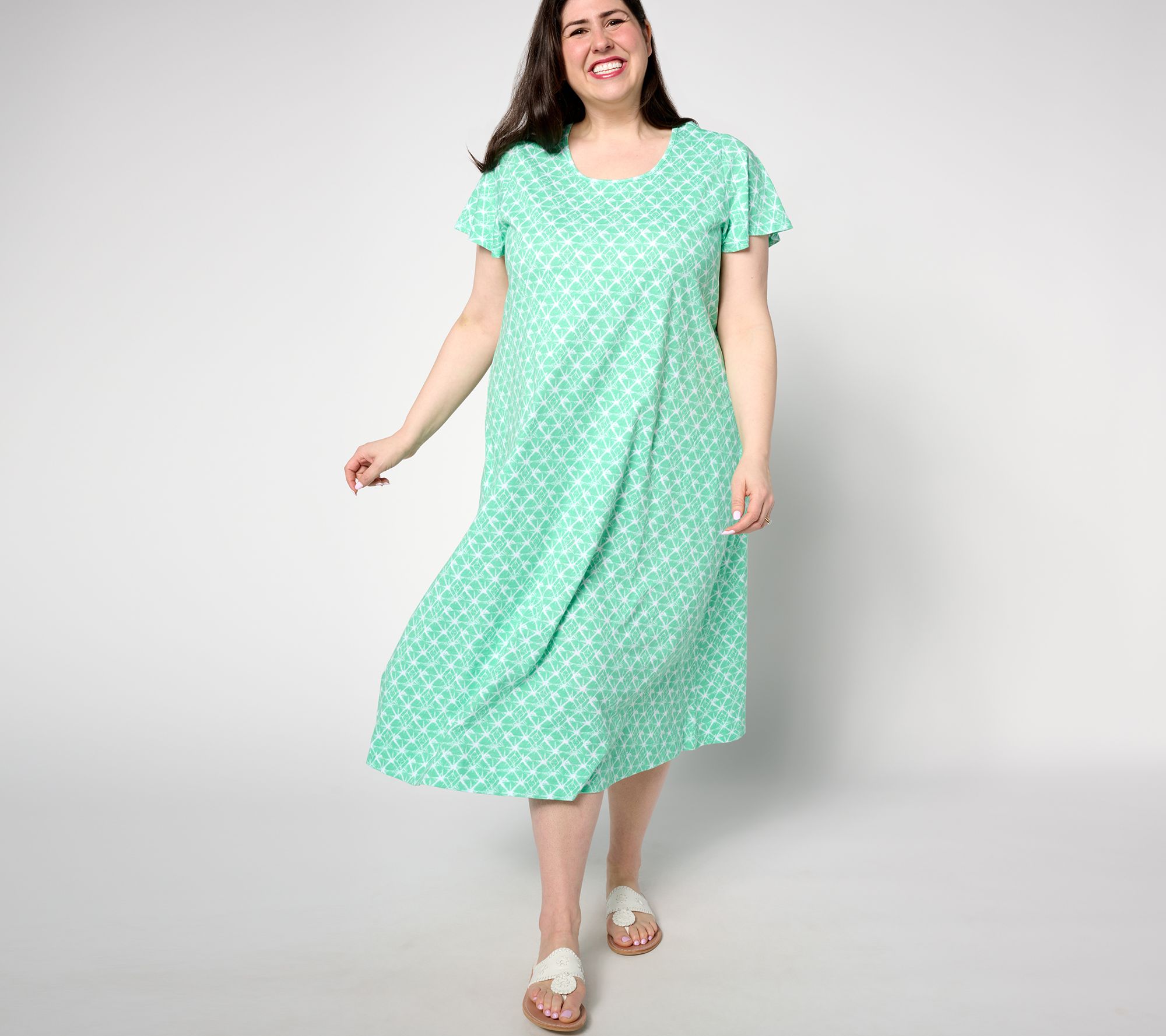 Denim & Co. Regular Printed Linen Blend Jersey Scoop Neck Midi Dress