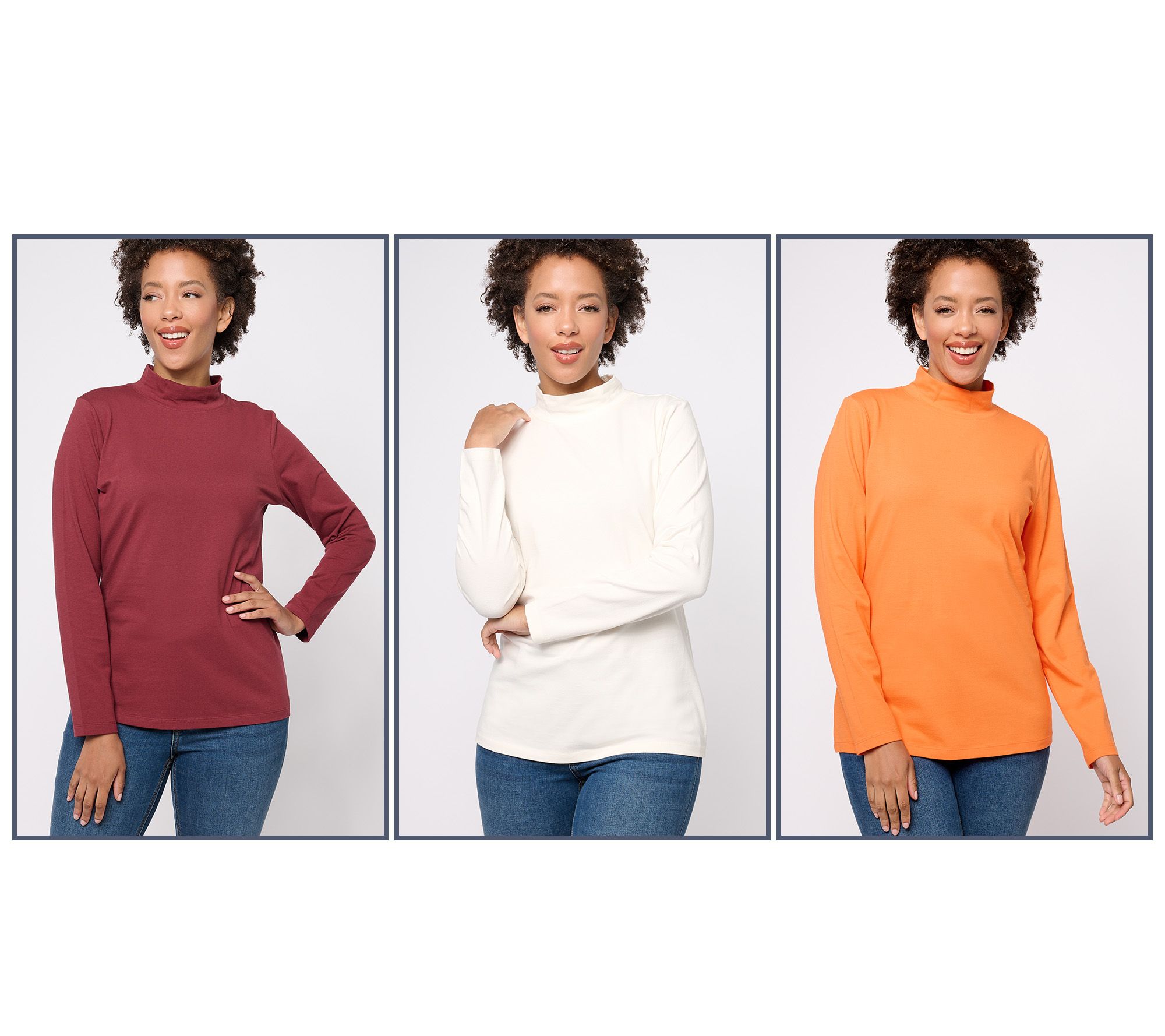 As Is Denim & Co. Essentials 3-Pack Perfect Jersey Long Slv Mock Neck Tops  