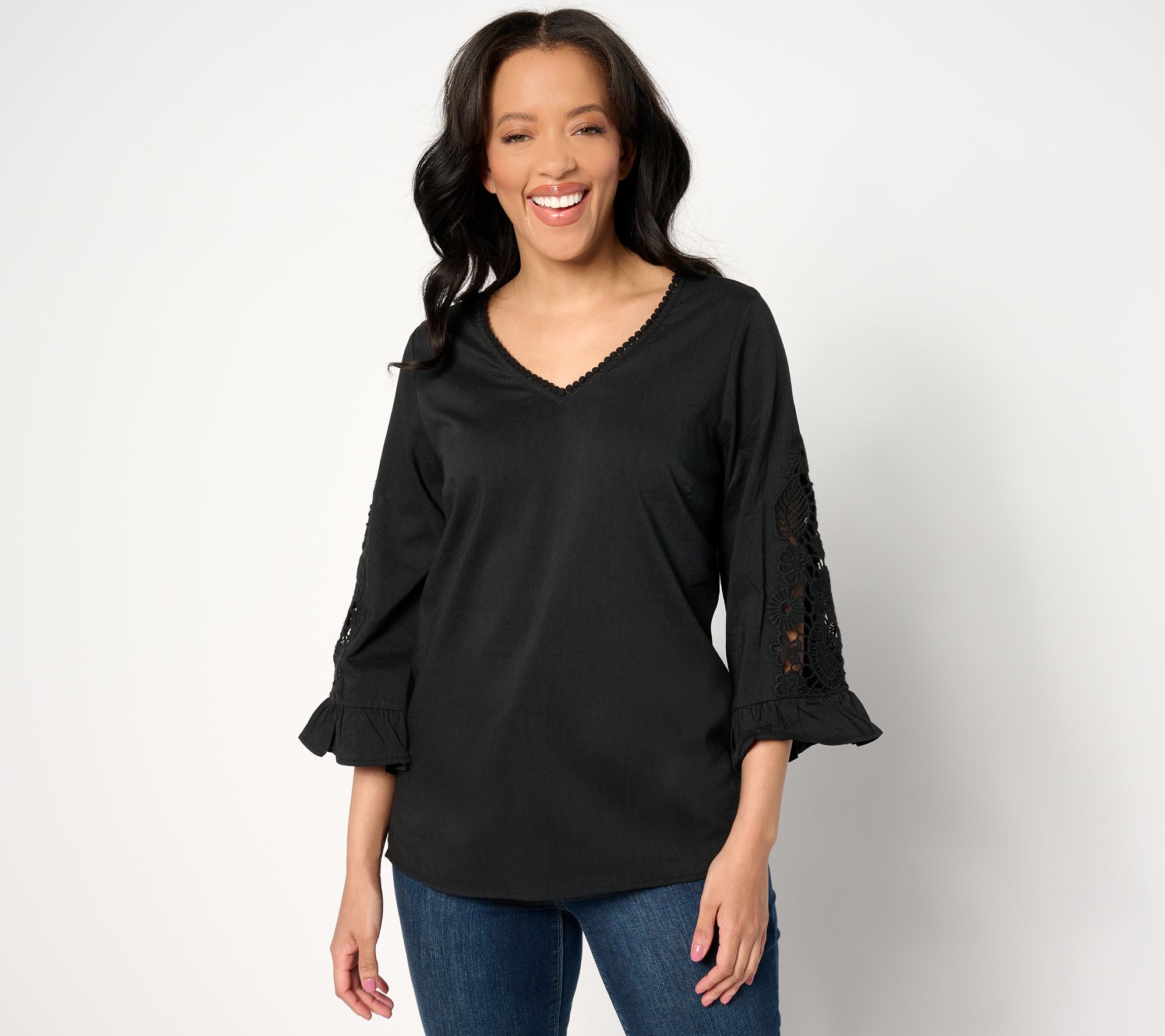 Belle by Kim Gravel Cut to the Lace Ruffle Sleeve Woven Top