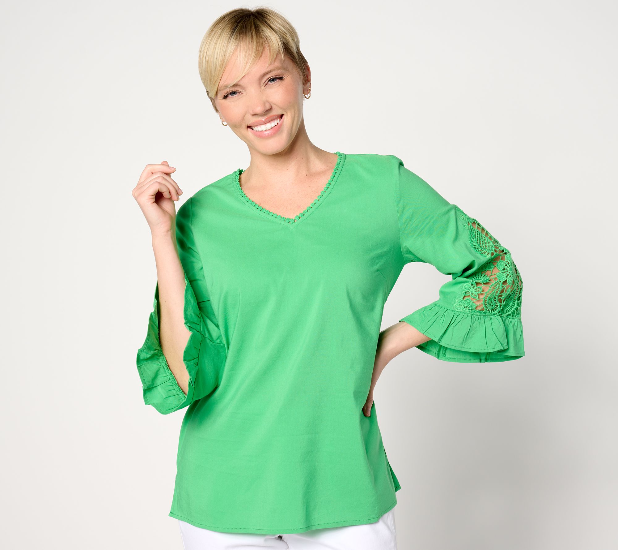Belle by Kim Gravel Cut to the Lace Ruffle Sleeve Woven Top