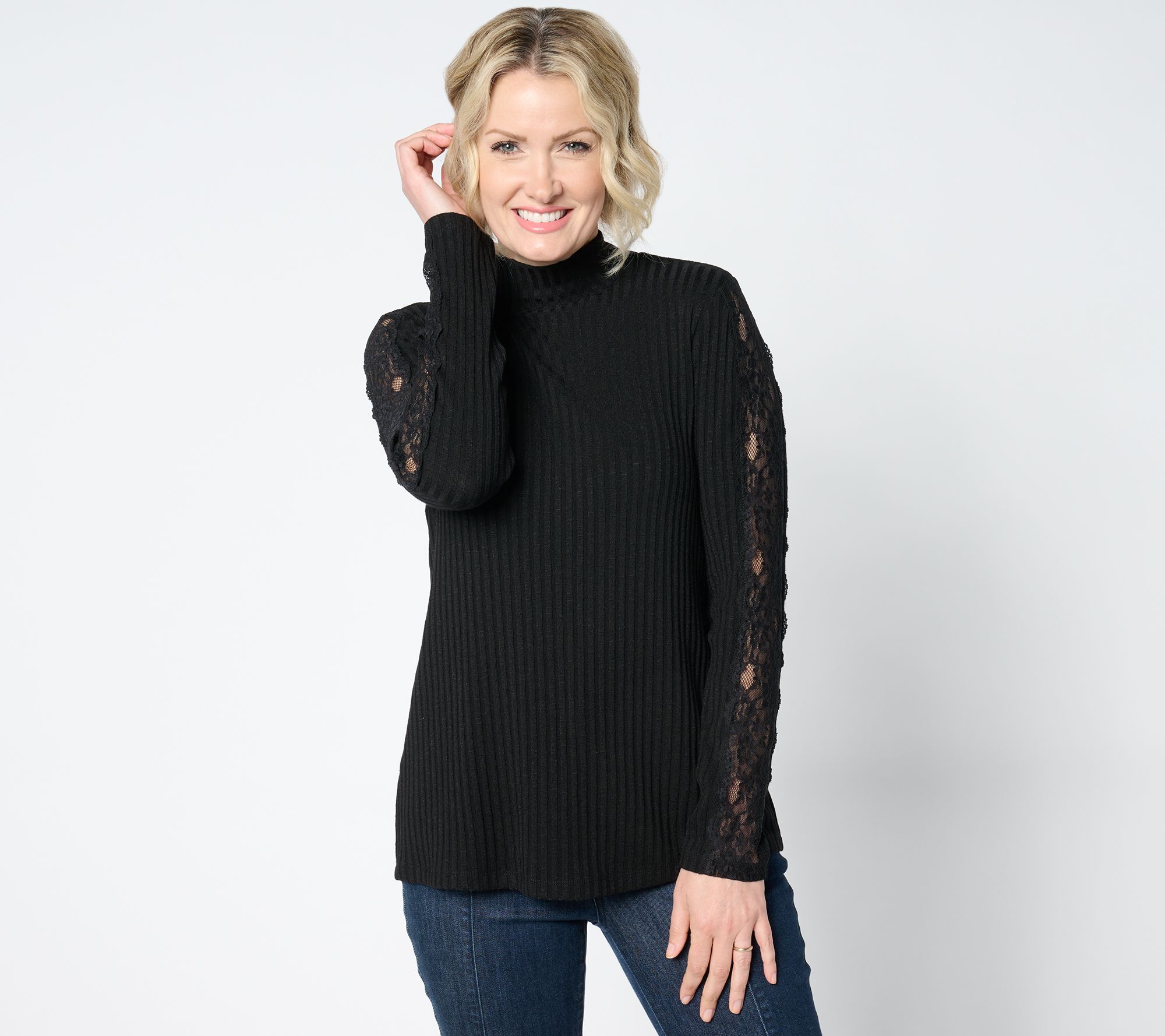 Susan Graver Rib Knit Mock-Neck Top with Lace Detail