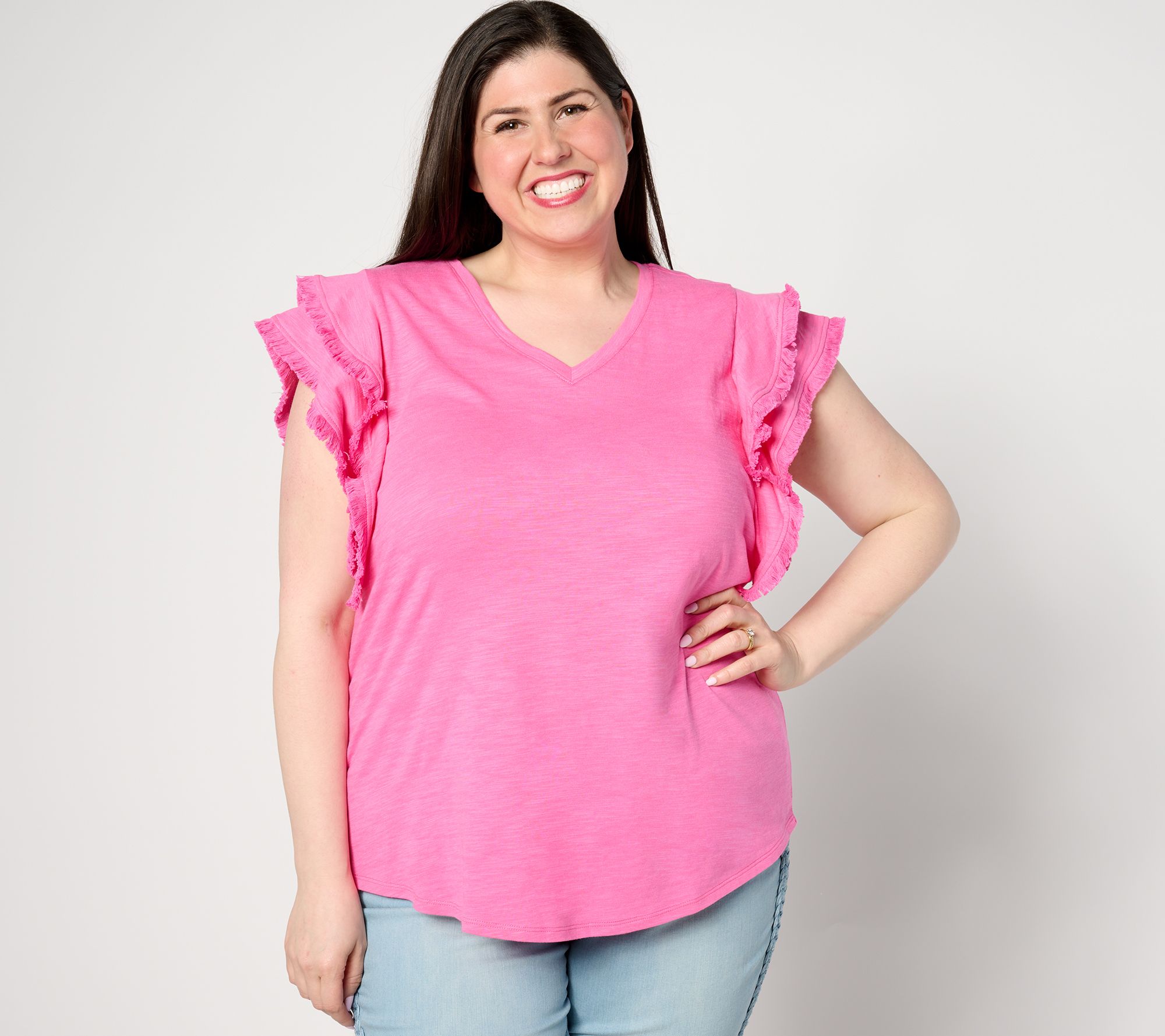 "As Is" Belle Beach by Kim Gravel Slub Knit Ruffle Sleeve Top