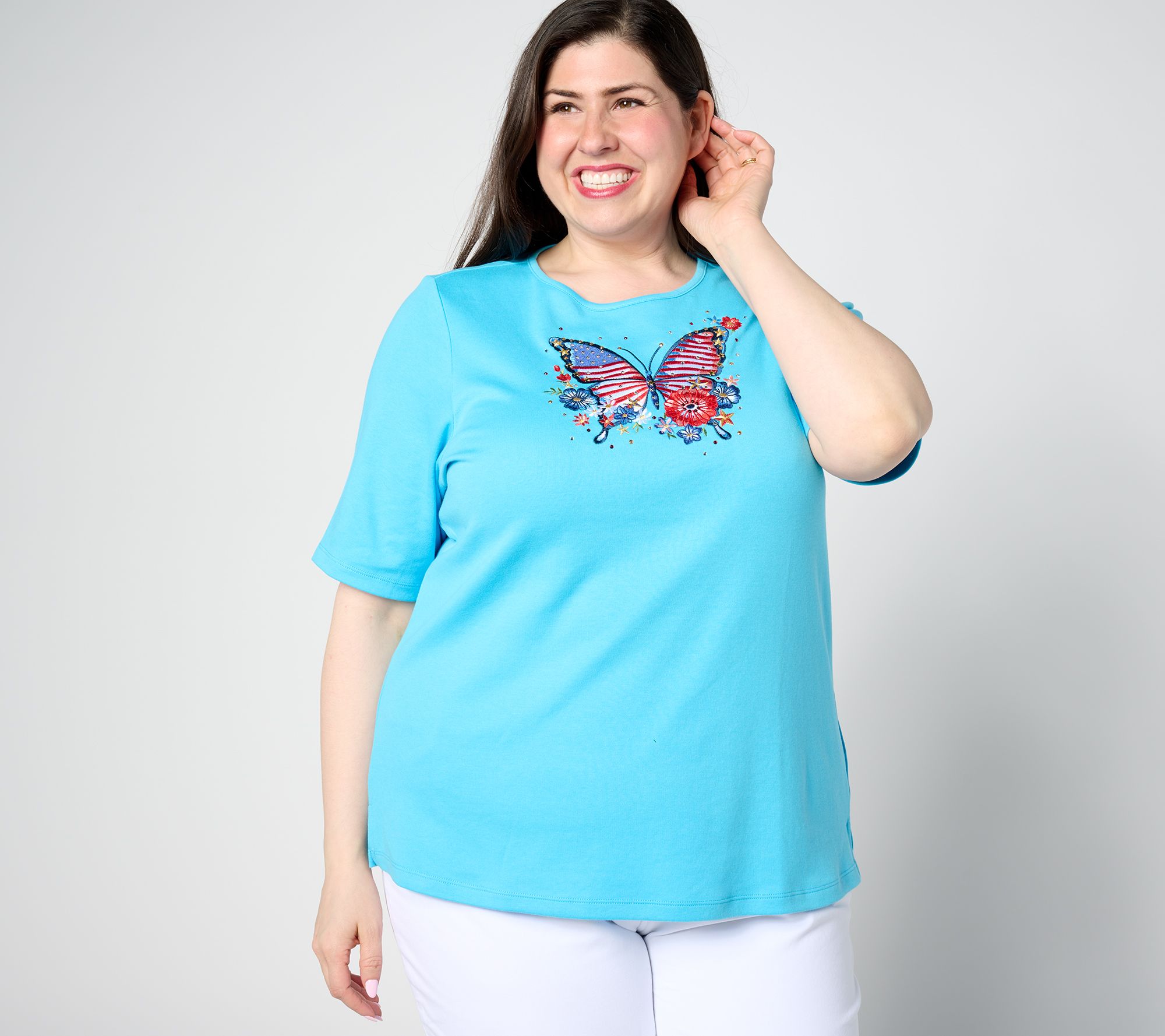 "As Is" Quacker Factory Red White and Blessed Elbow Sleeve Top