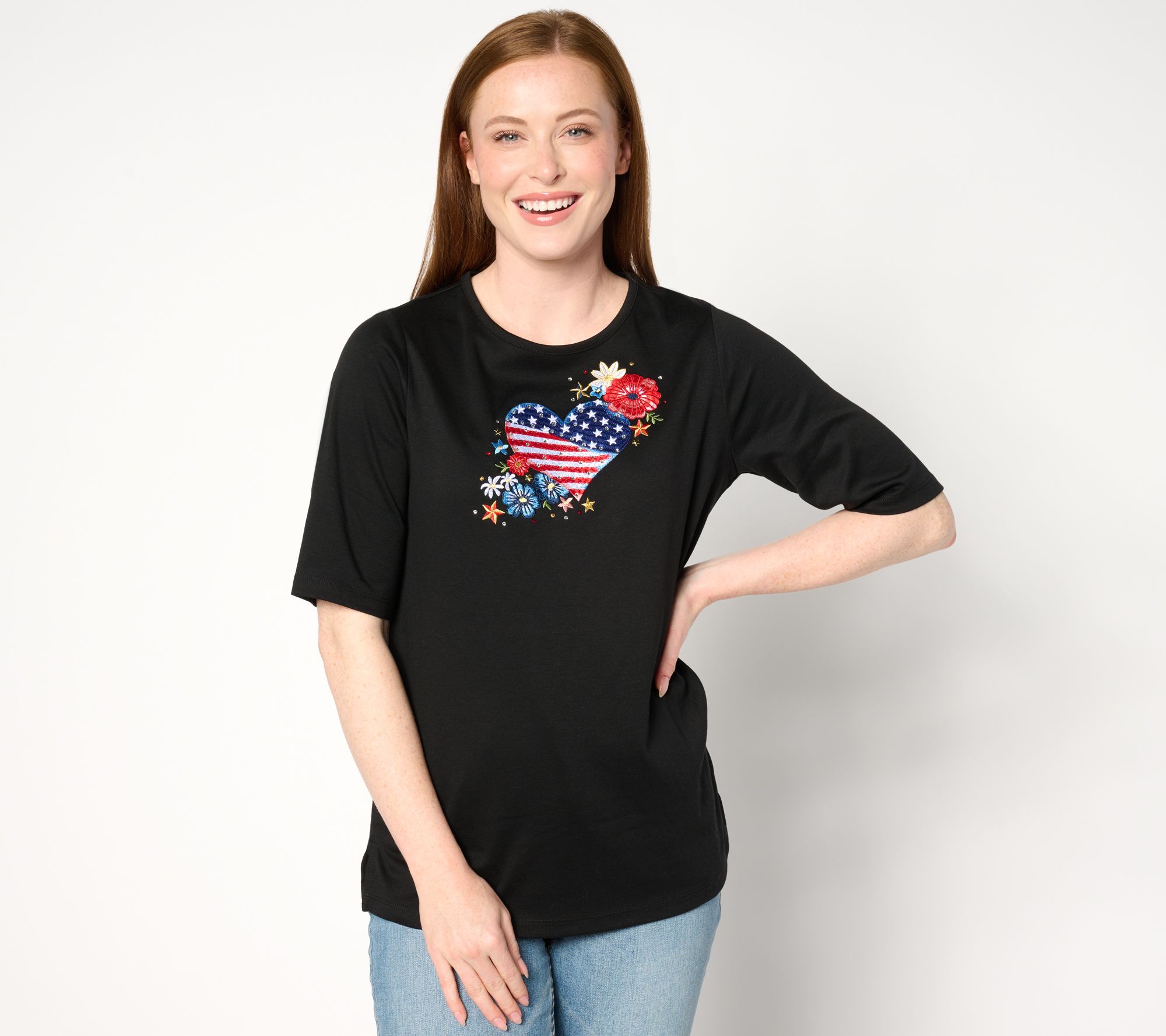 "As Is" Quacker Factory Red White and Blessed Elbow Sleeve Top