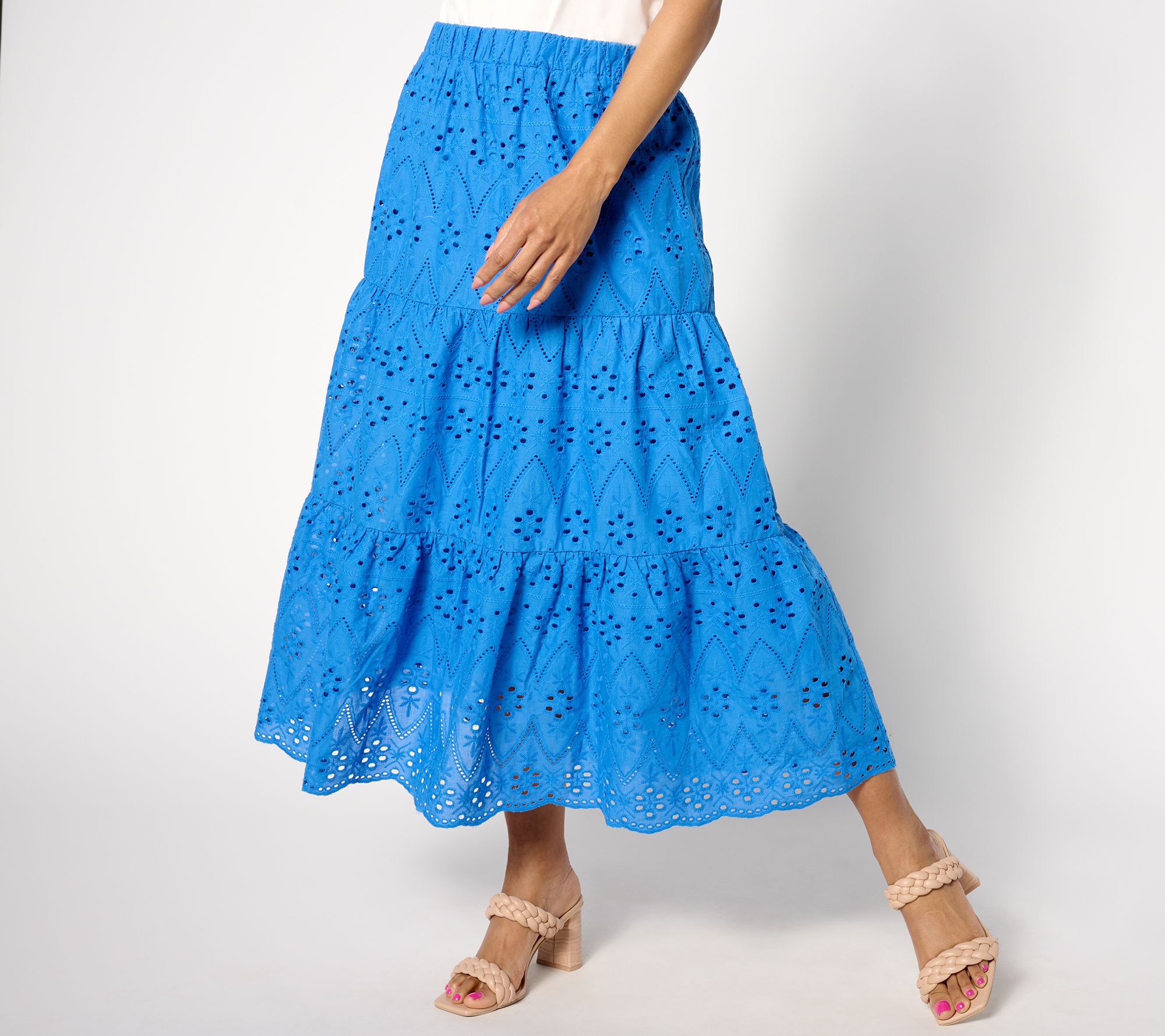 "As Is" Susan Graver PURE Petite Eyelet Tiered Midi Skirt