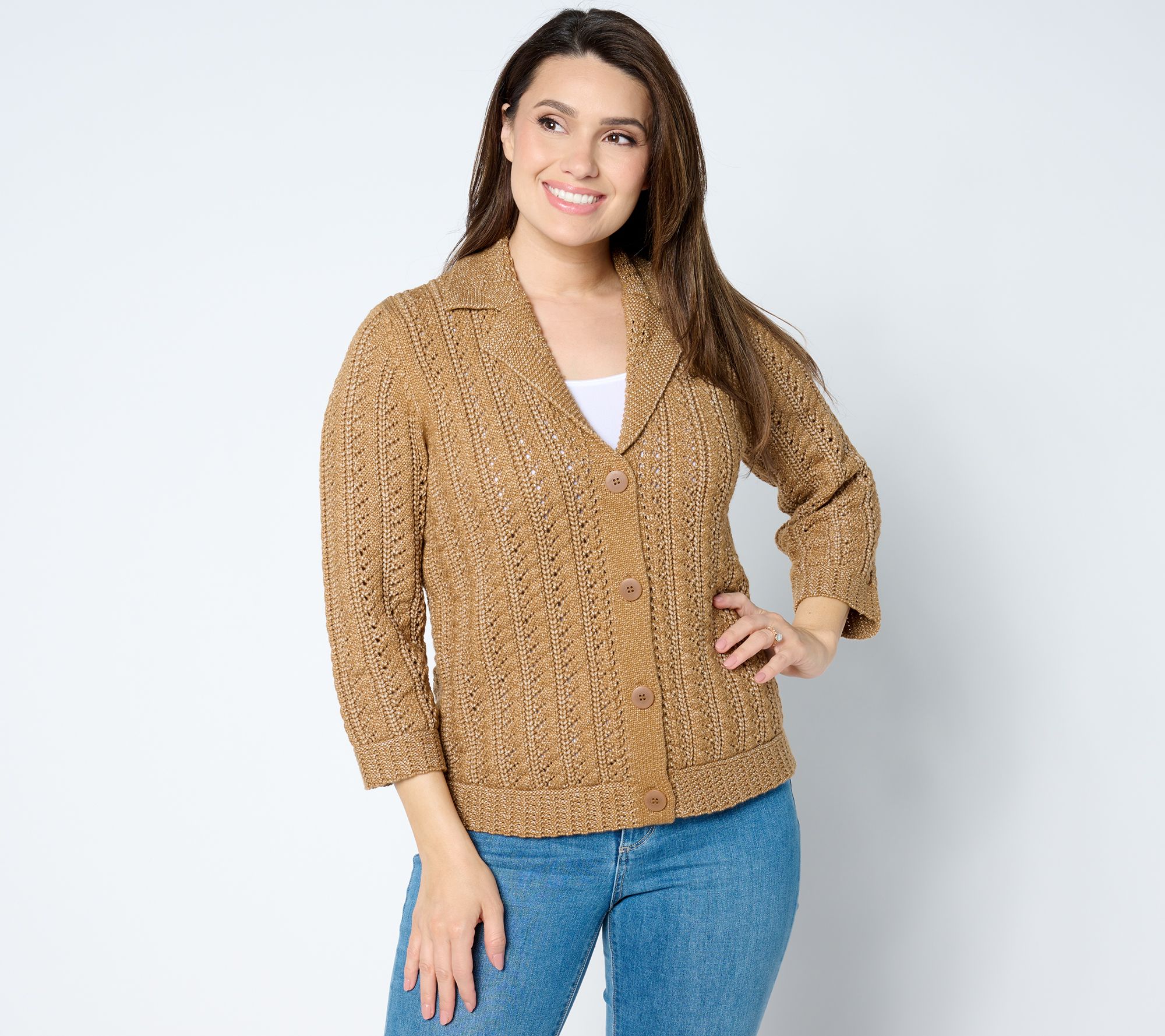 "As Is" Isaac Mizrahi Live! Button Front Notch Collar Cable Cardigan