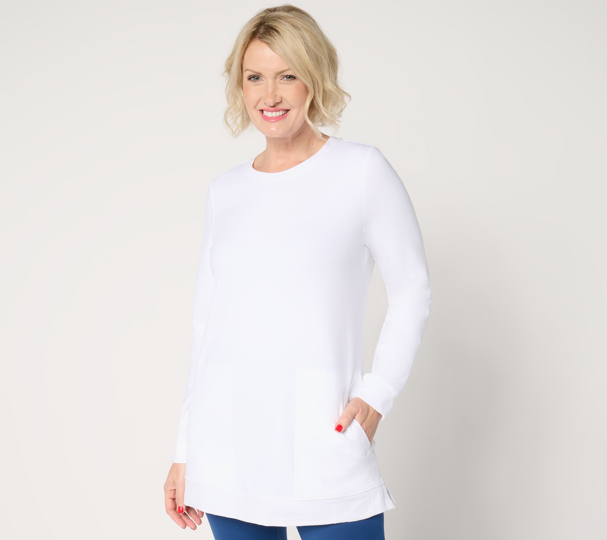 Denim & Co. Active Petite French Terry Tunic with Gauze Detail