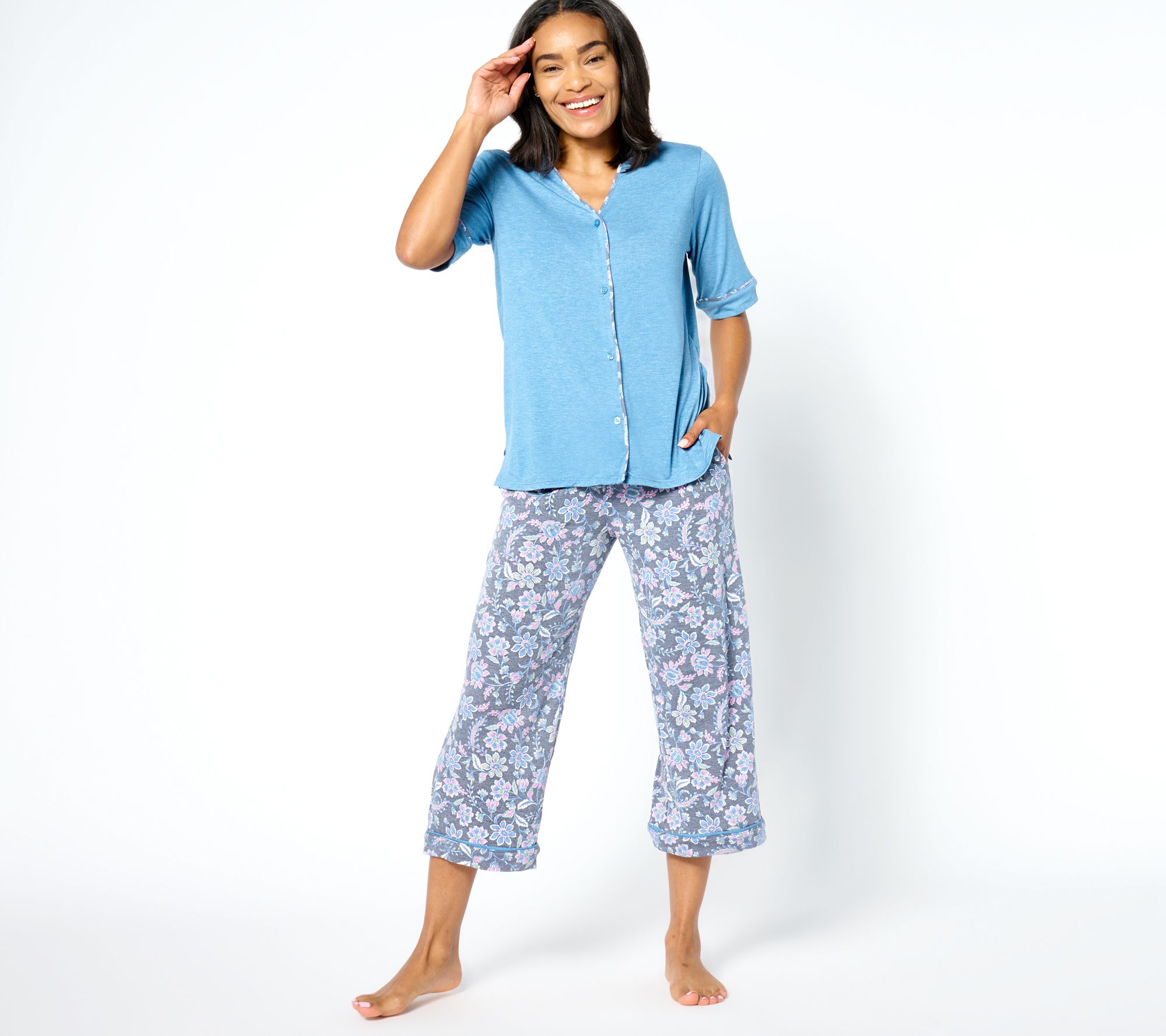 "As Is" Cuddl Duds Classic Jersey Button Front Top & Cropped PJ Set