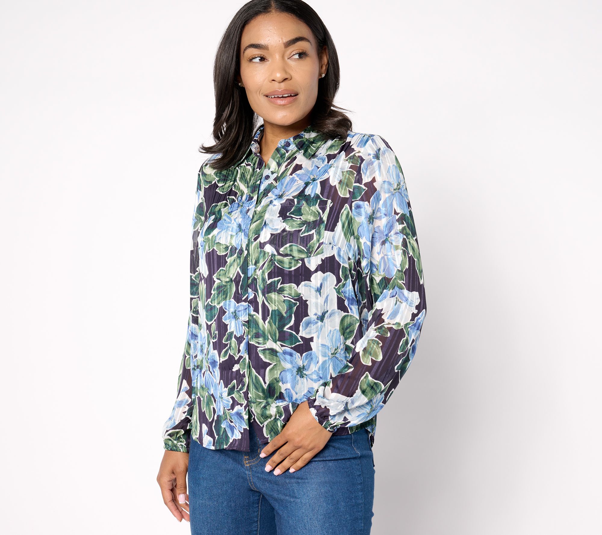 "As Is" Denim & Co. Signature Sheer Floral Button Front Shirt