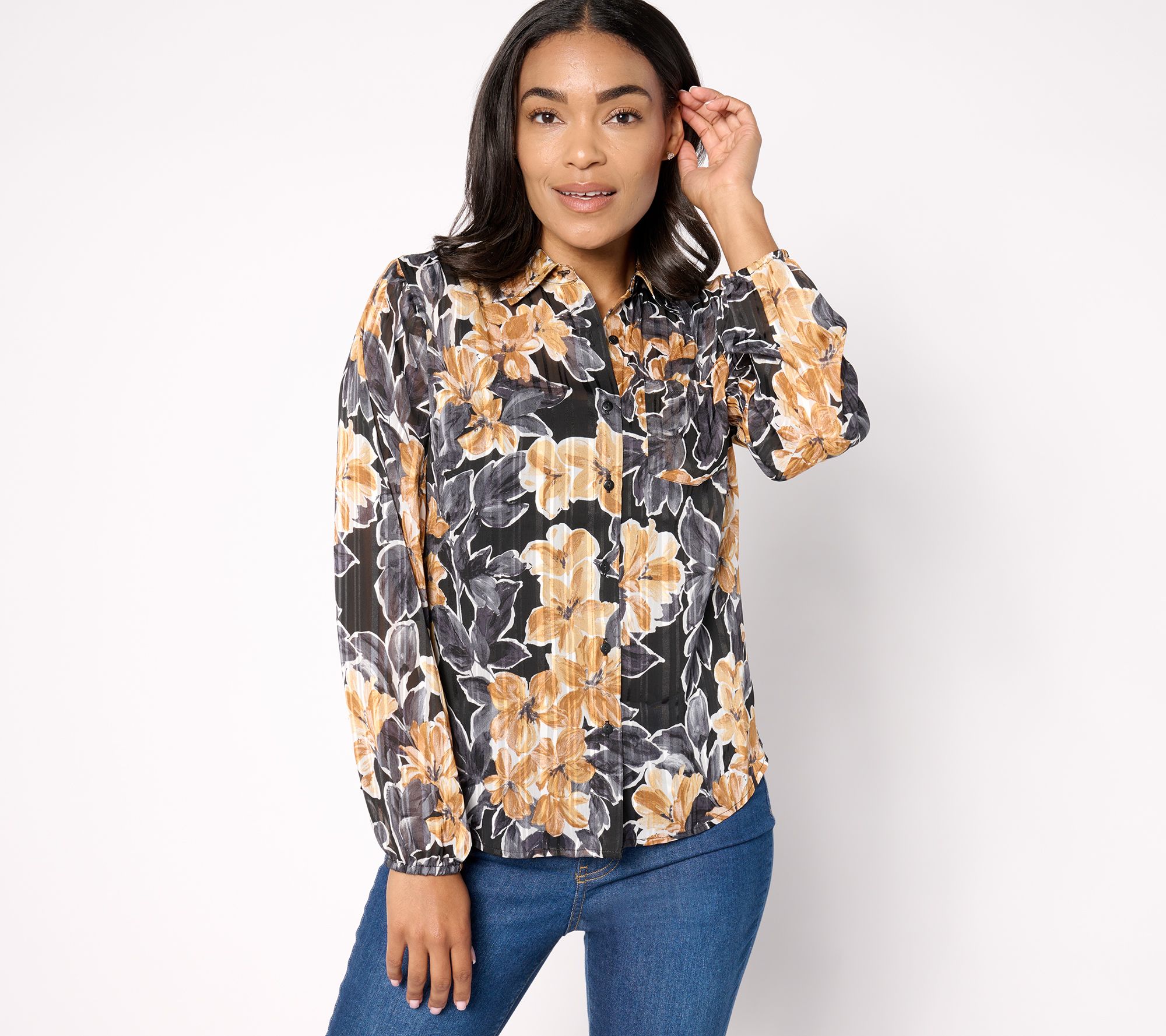 "As Is" Denim & Co. Signature Sheer Floral Button Front Shirt