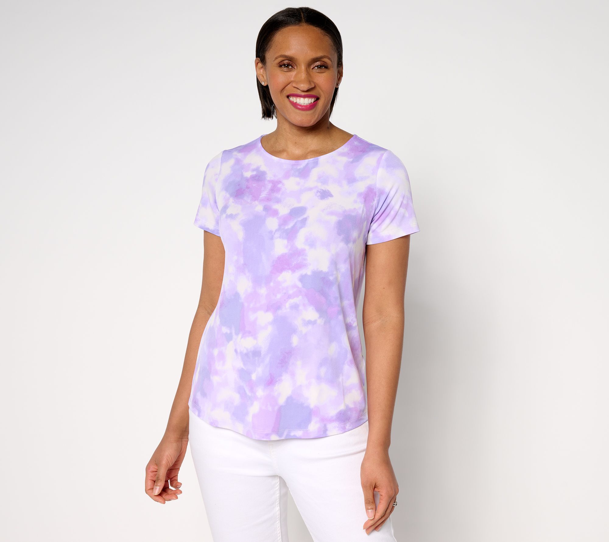 Susan Graver Printed Liquid Knit Cap Sleeve Crew-Neck Top