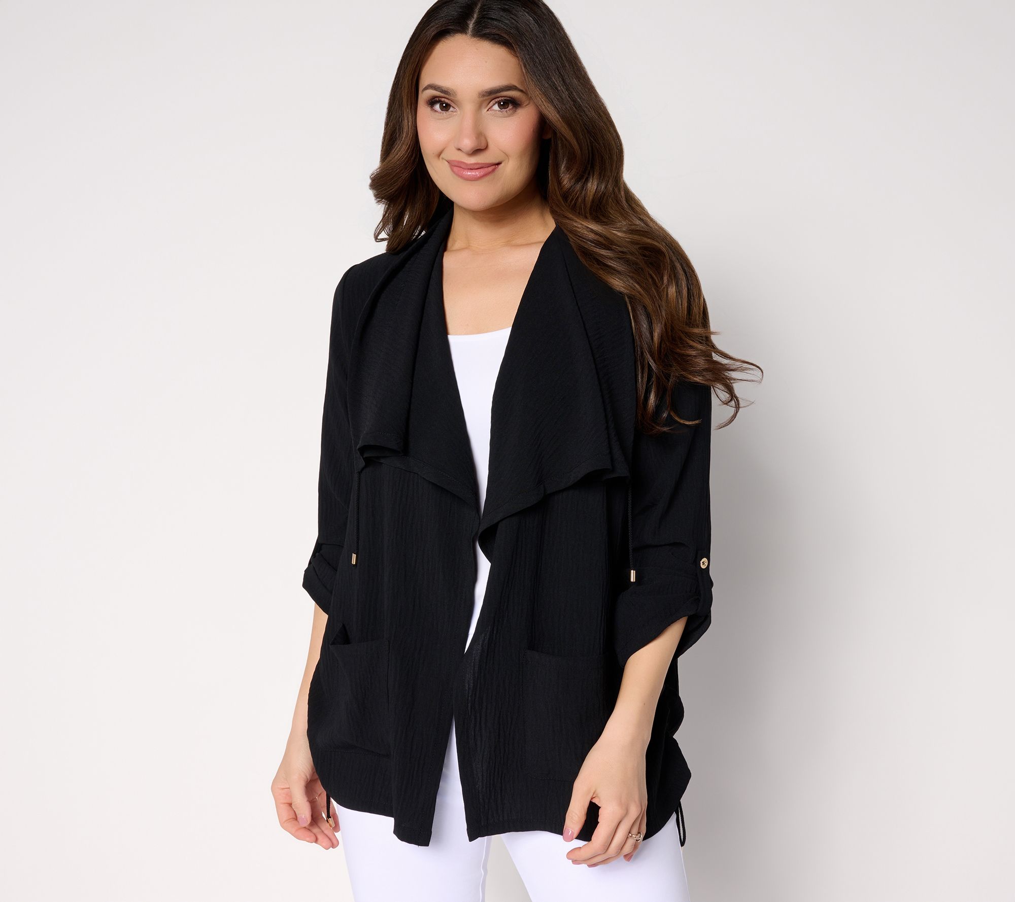 Susan Graver Petite Crinkled Woven Drape Front Cardigan