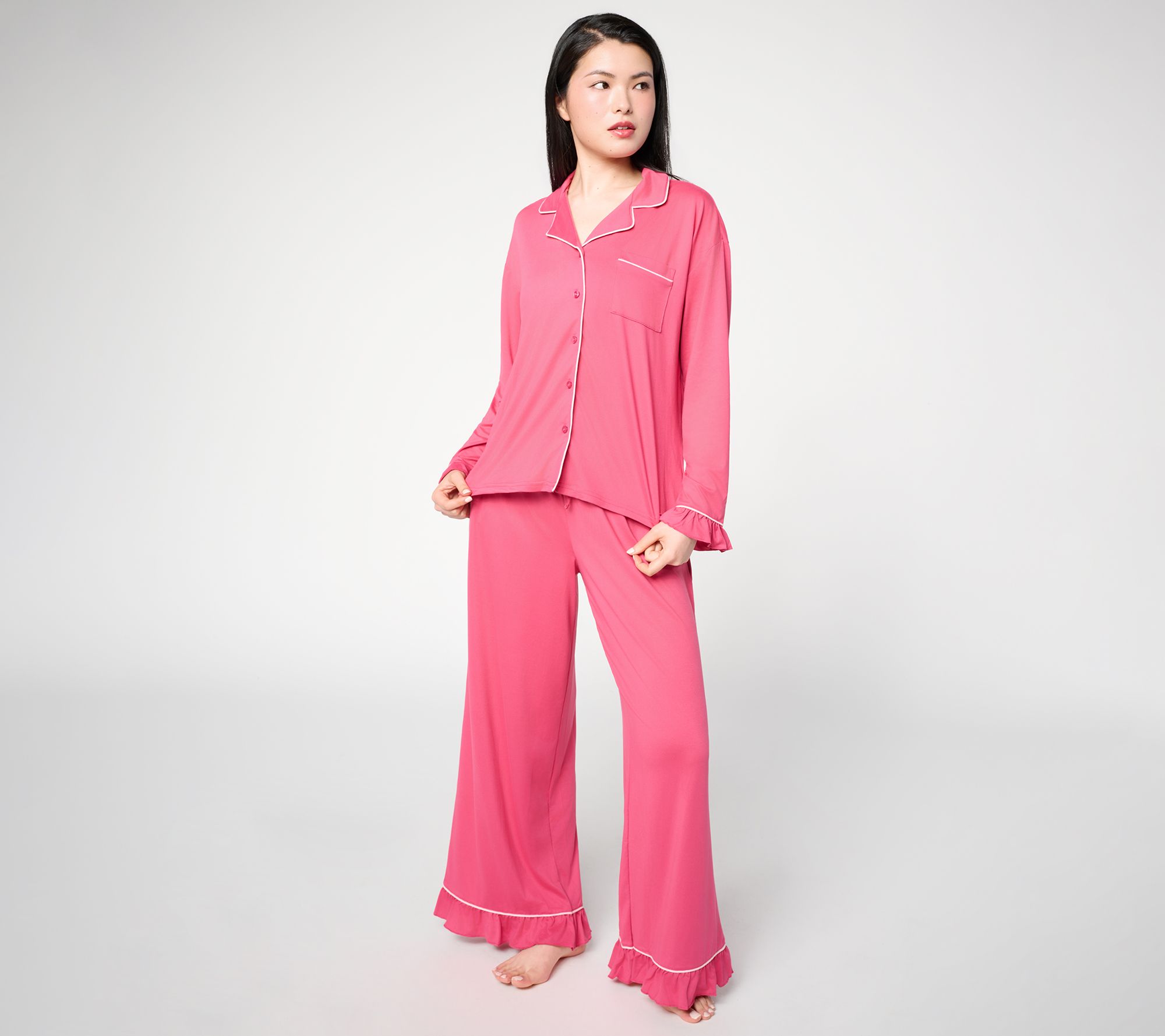 MUK LUKS Cloud Knit Notch Collar Ruffle Pajama Set
