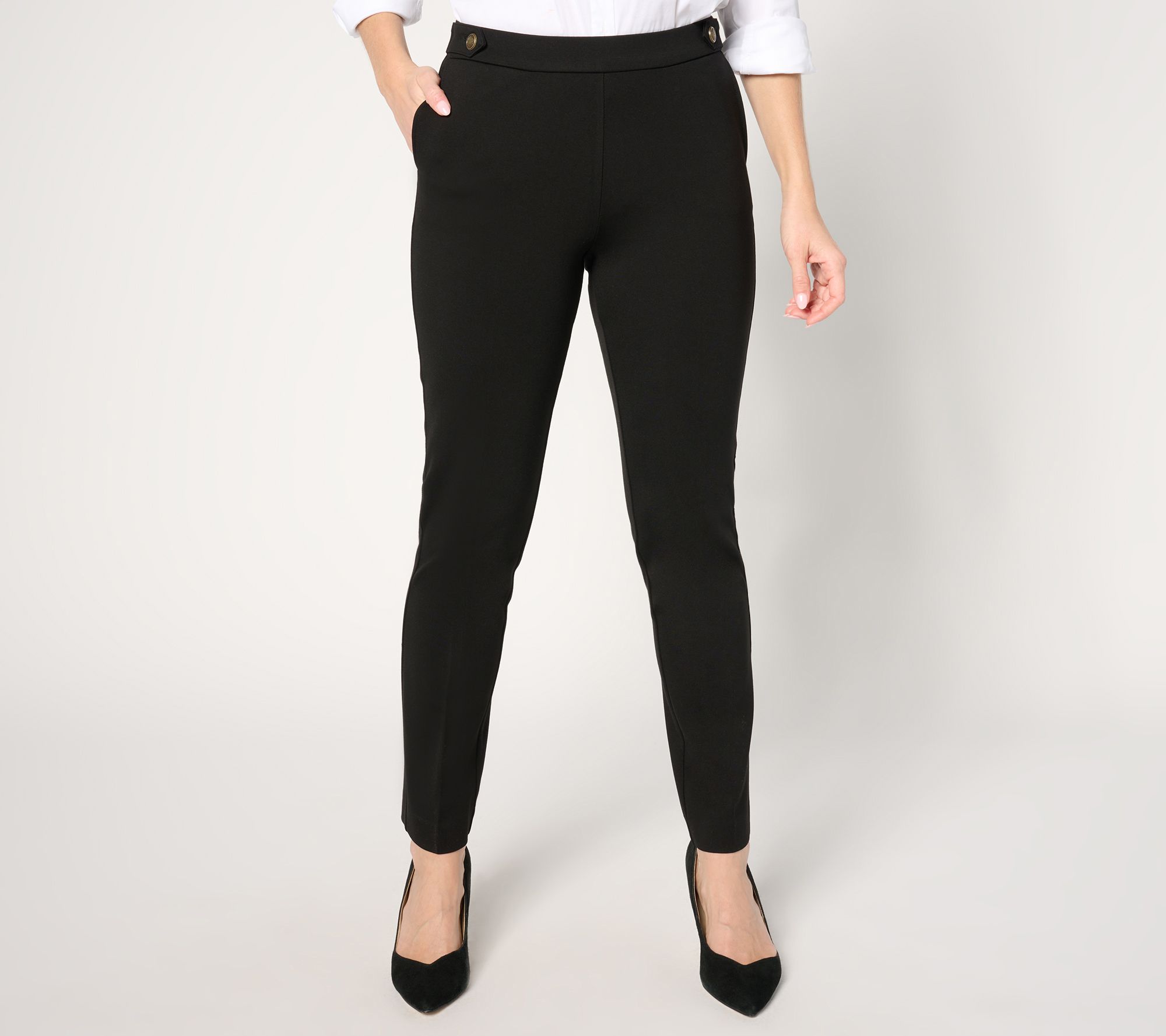 "As Is" Susan Graver Petite Smart Ponte 350 Slim Pants with Waistband Tabs